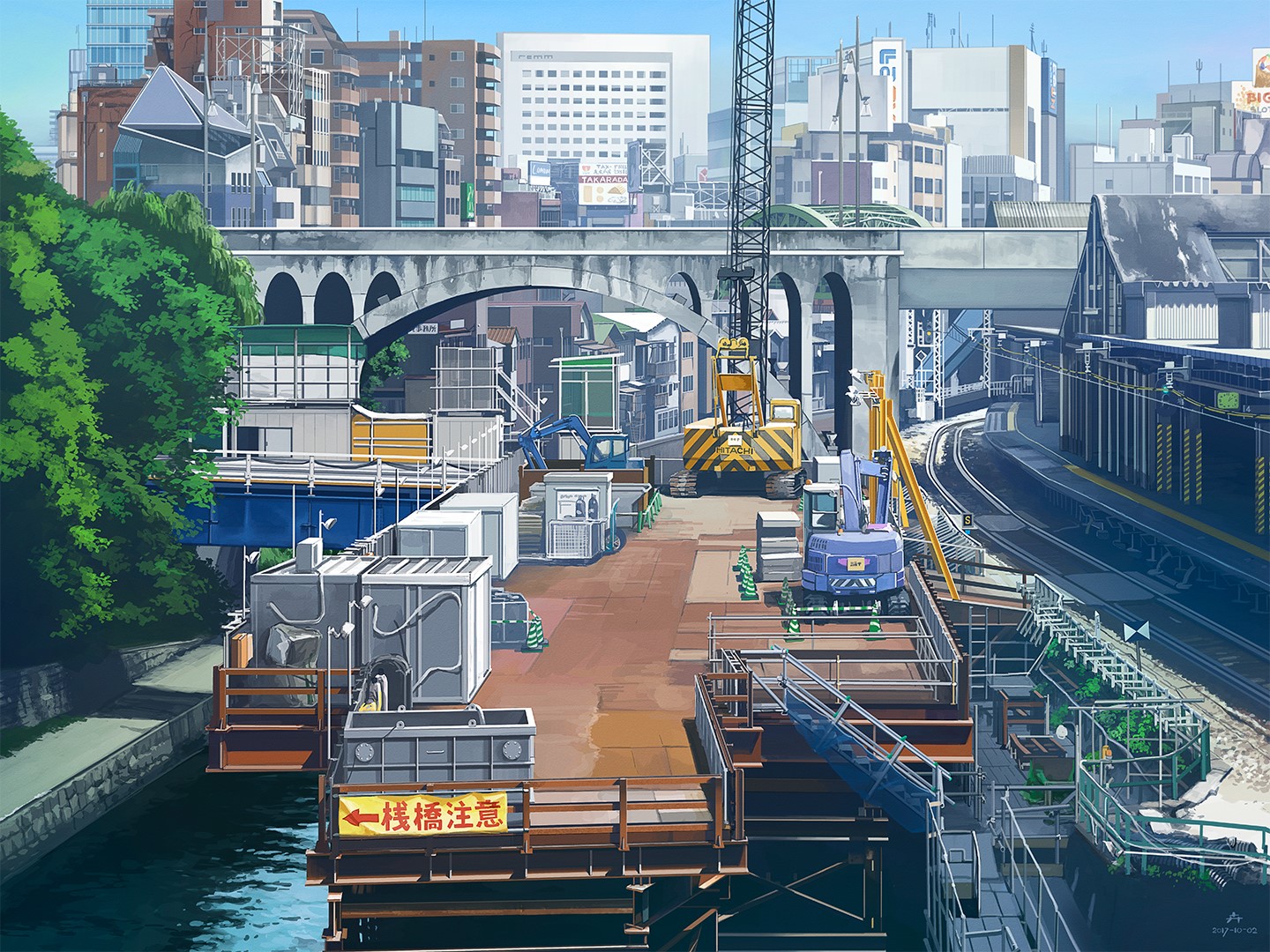 Anime construction site with cranes and buildings HD Wallpaper