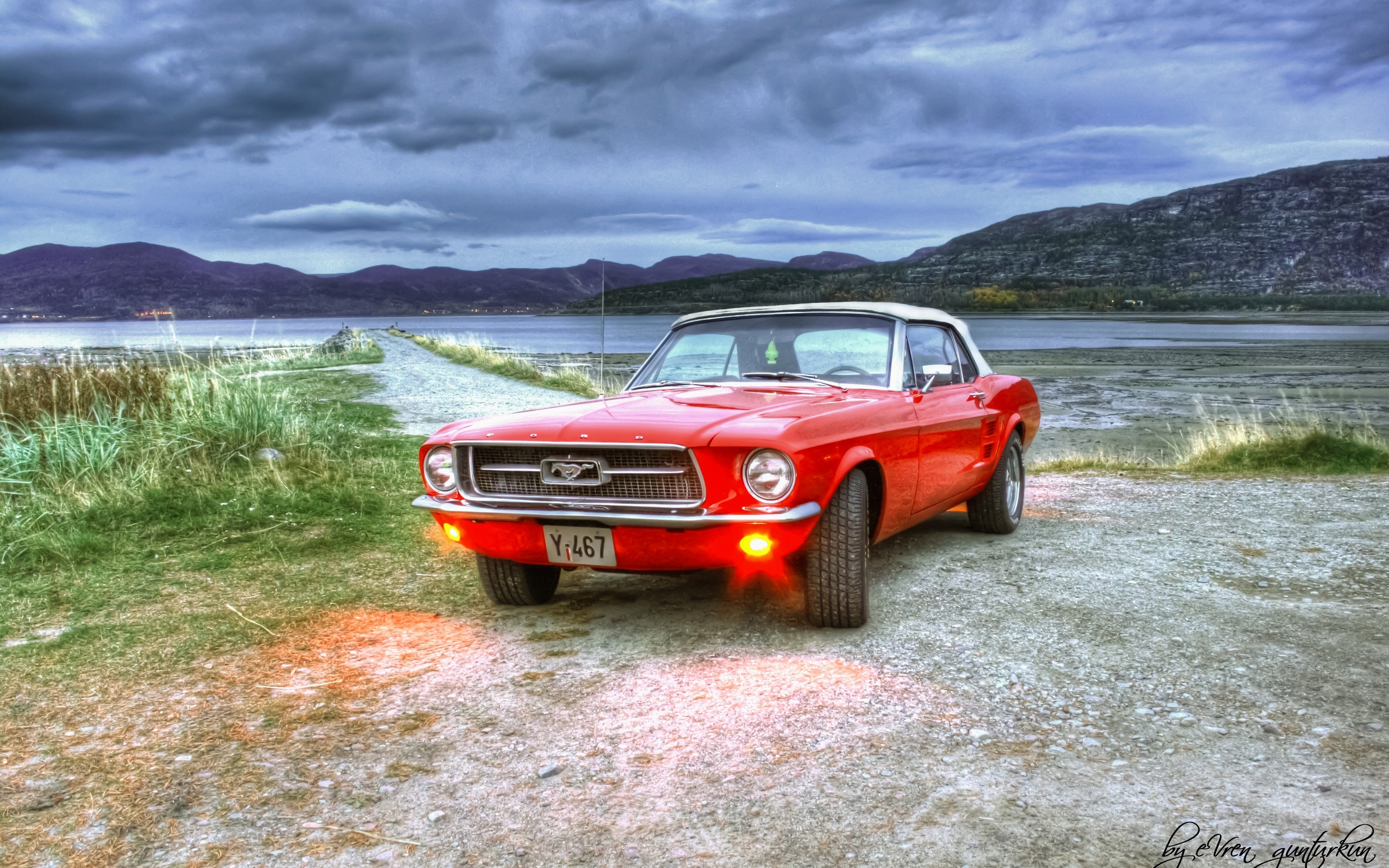 Red Ford Mustang Convertible by a Lake HD Wallpaper