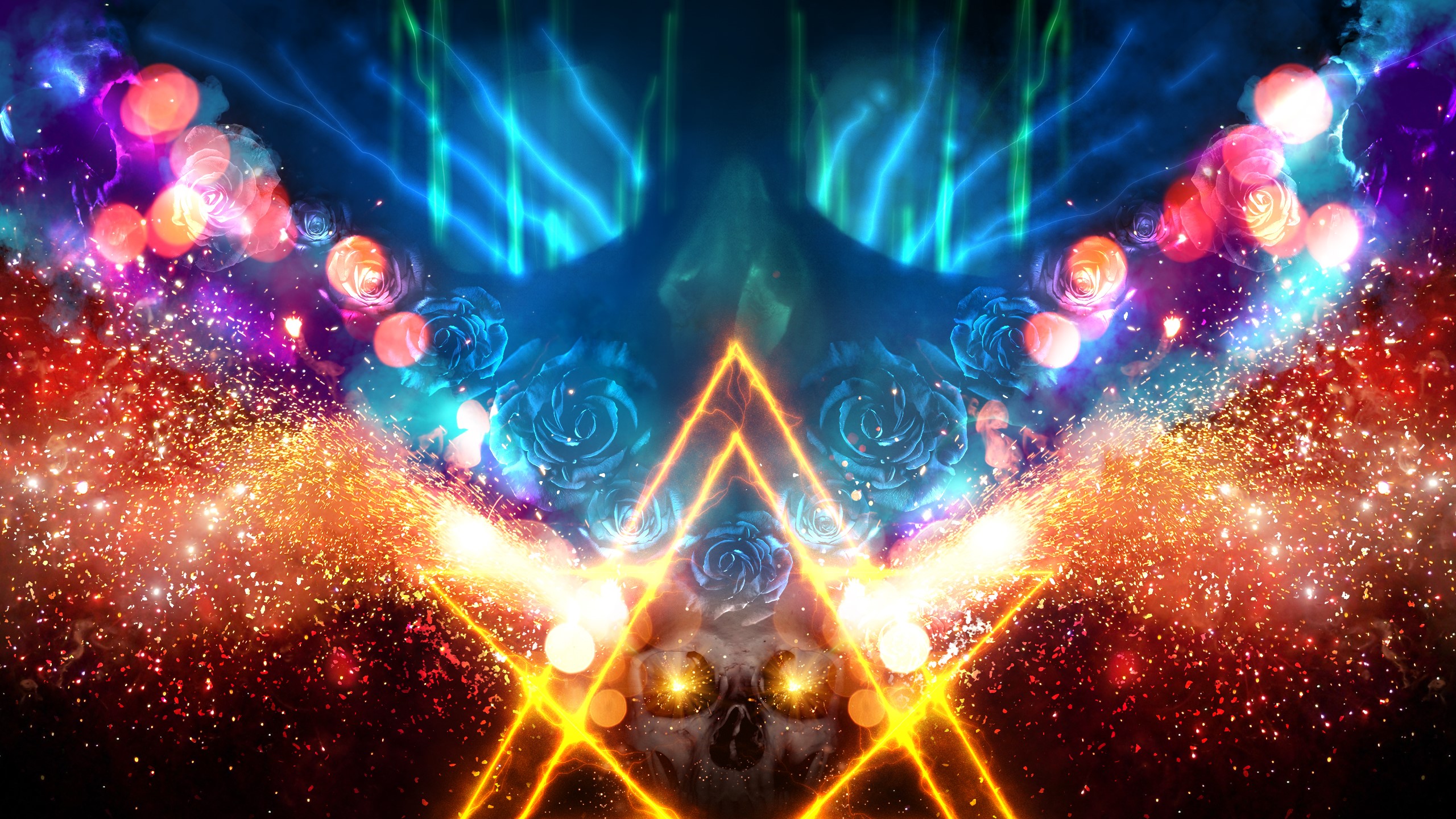 Psychedelic abstract art with skull and roses HD Wallpaper