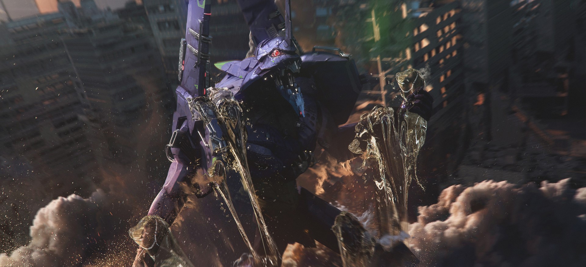 EVA Unit 01 in a destroyed city HD Wallpaper