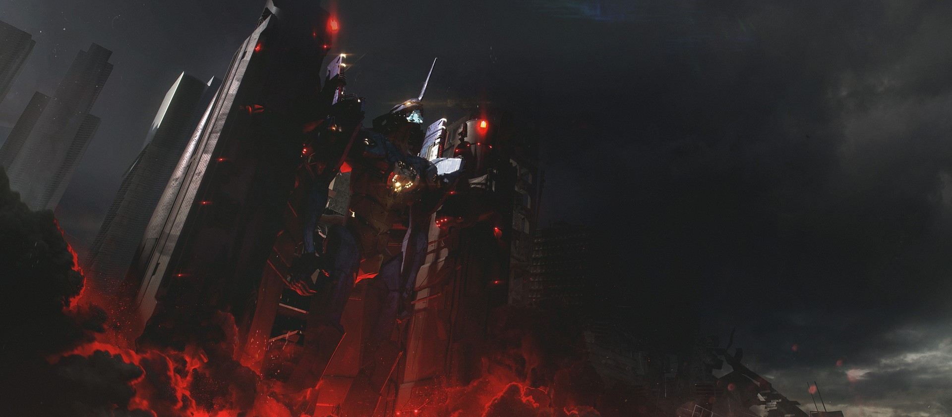 EVA Unit 01 in a dark, fiery city HD Wallpaper