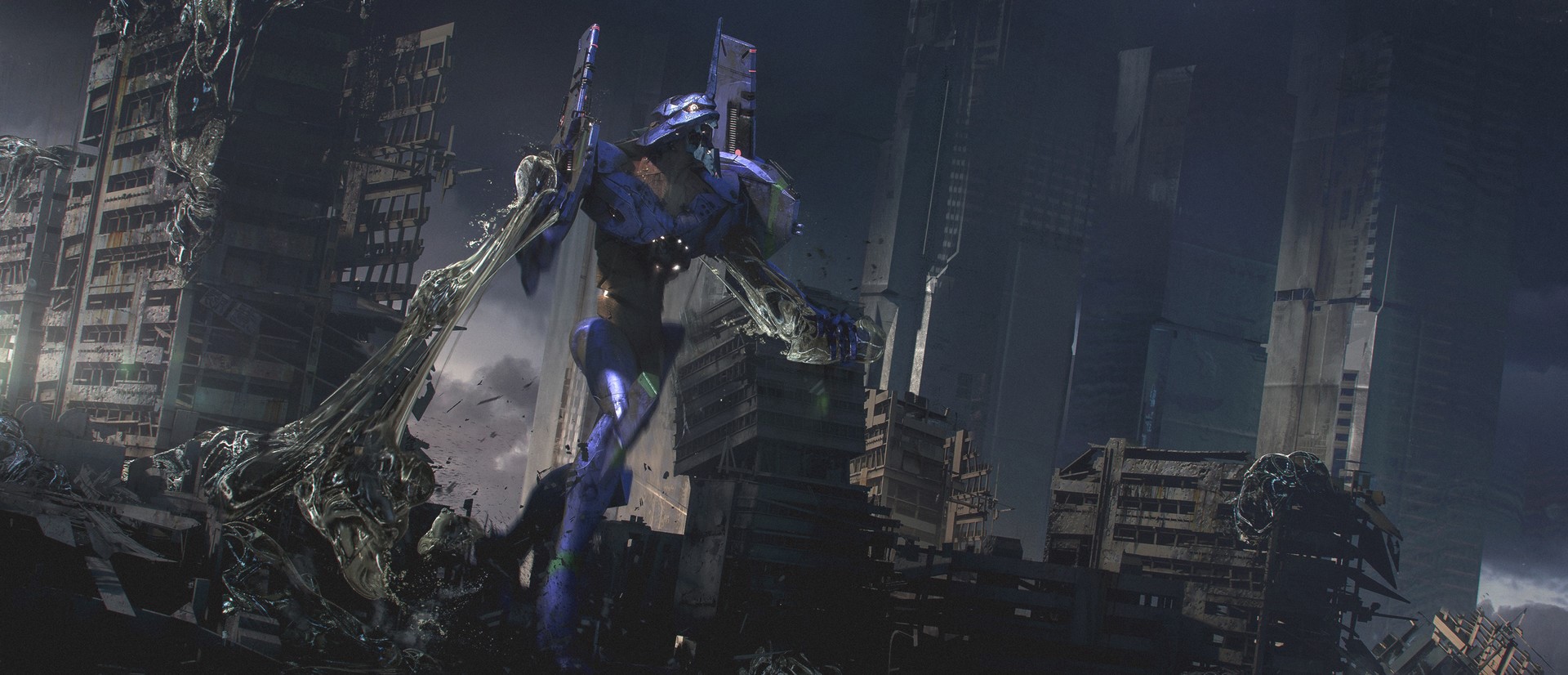 EVA Unit 01 in a ruined city HD Wallpaper