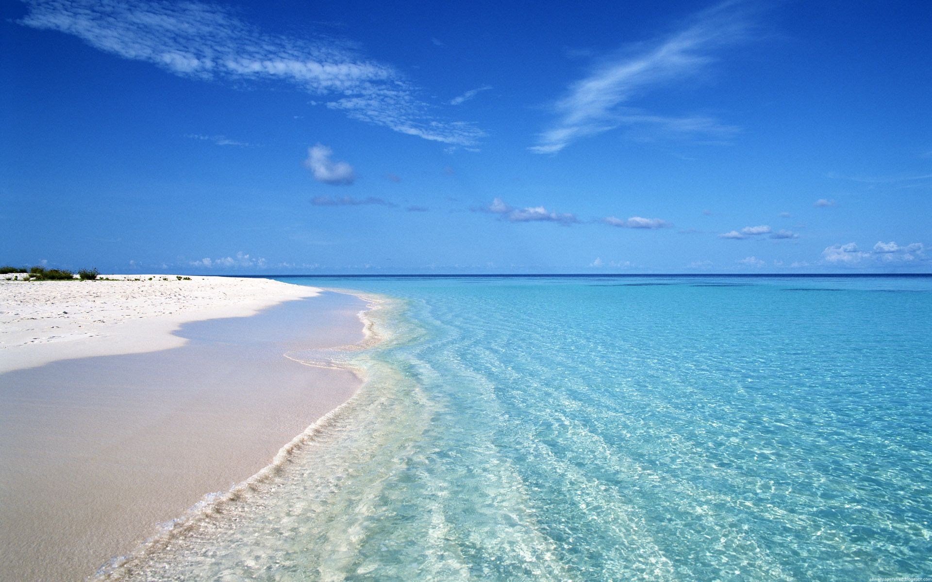 Tropical beach with clear turquoise water and blue sky HD Wallpaper