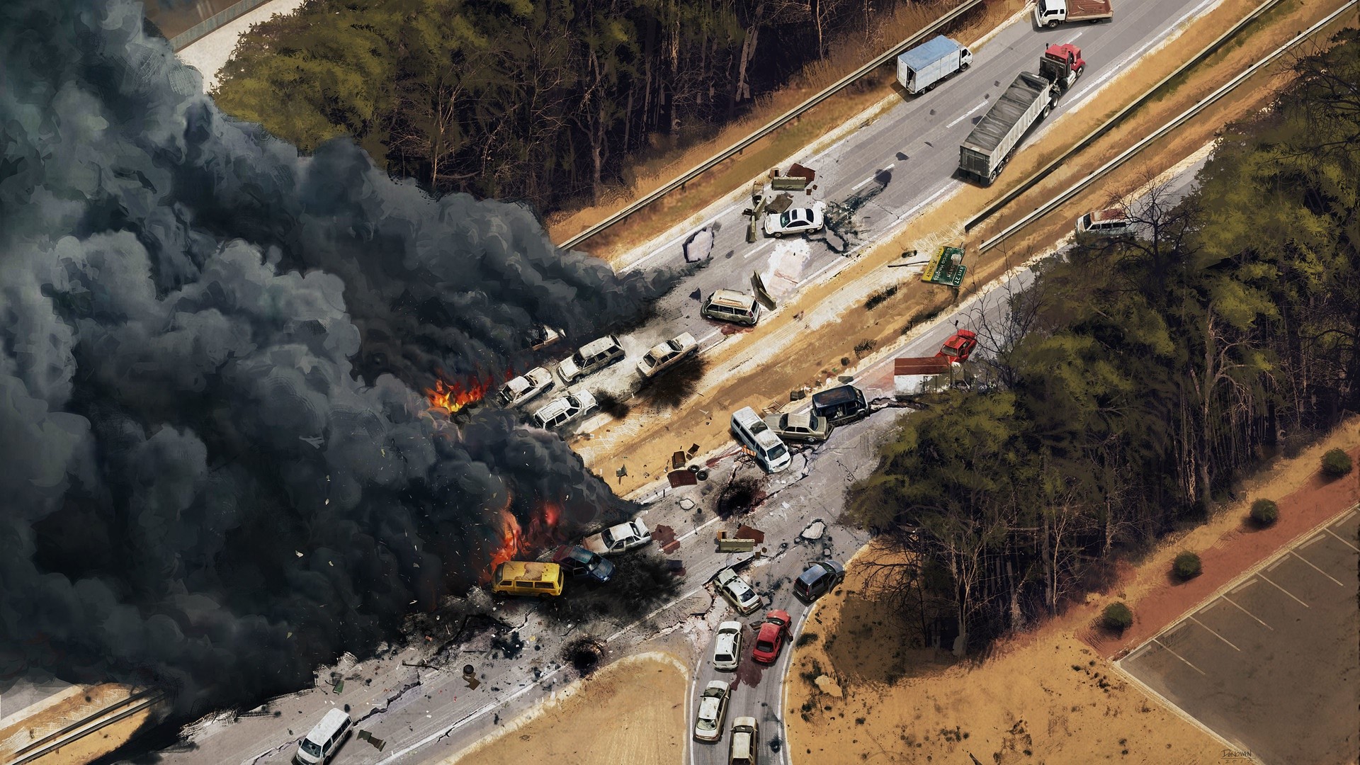 Aerial view of a highway accident with fire and smoke HD Wallpaper