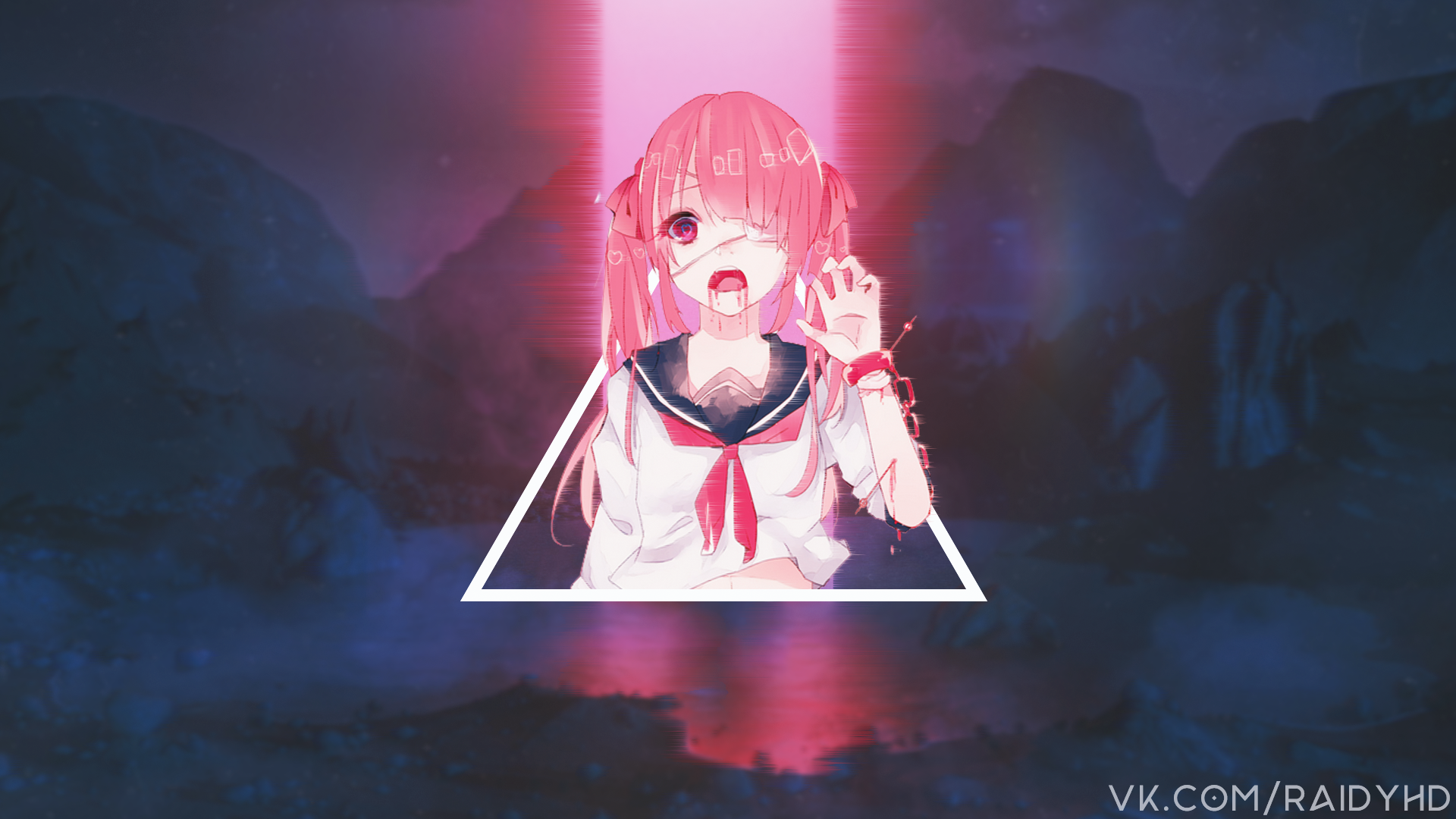 Anime girl with pink hair and eyepatch in glitch art style HD Wallpaper