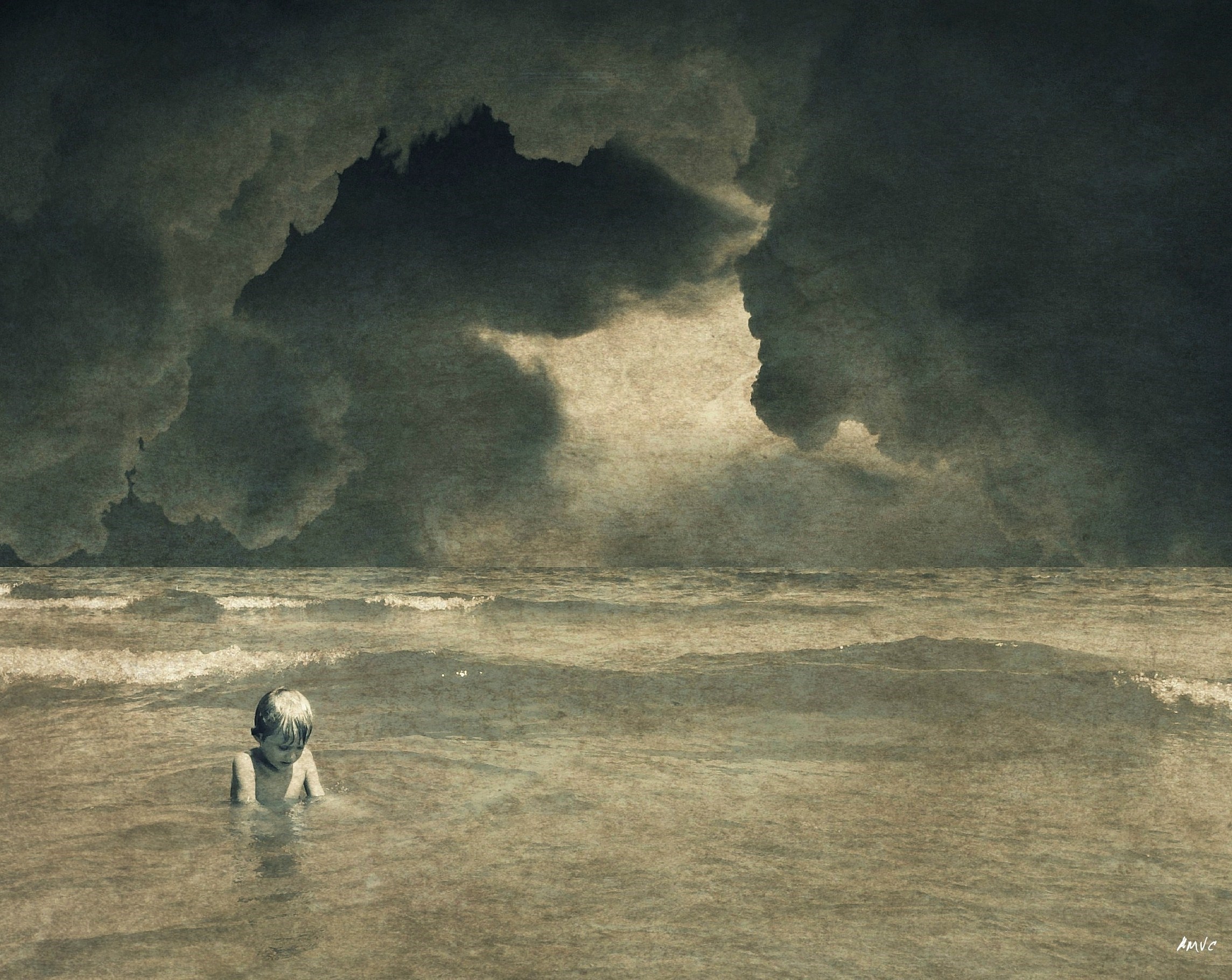 Child in the sea under dark clouds HD Wallpaper