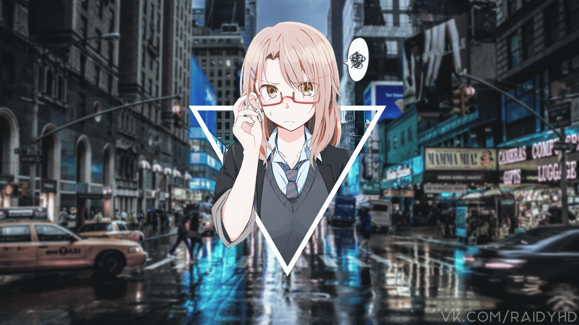 Anime girl with glasses in New York City HD Wallpaper