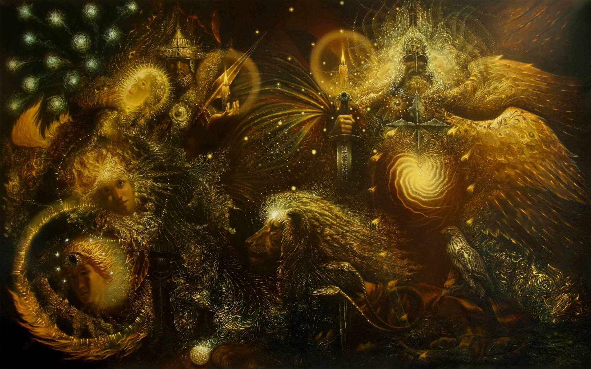 Psychedelic Norse Mythology with Lion and Angelic Figure HD Wallpaper
