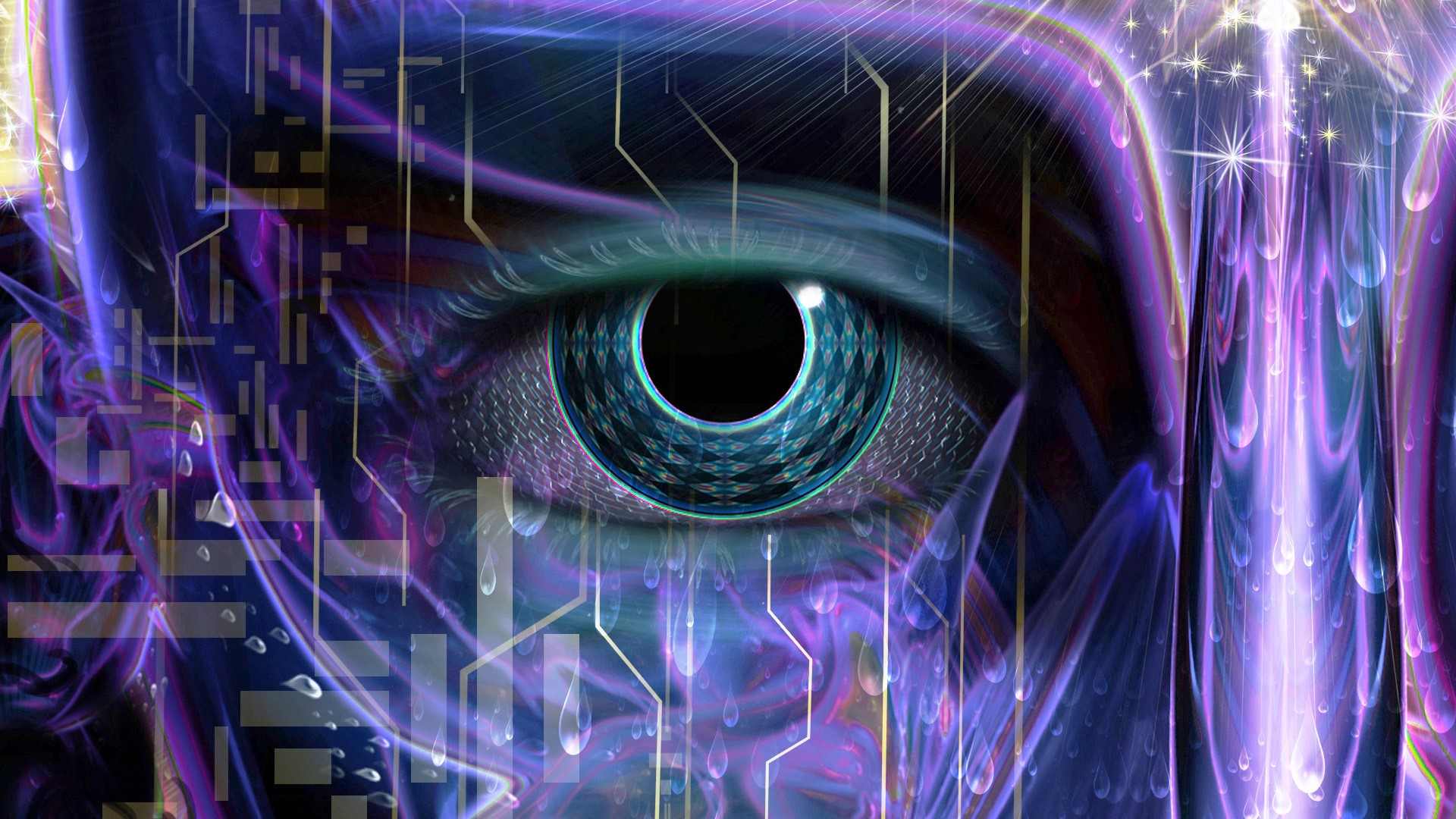 Psychedelic eye with digital circuits and purple light HD Wallpaper
