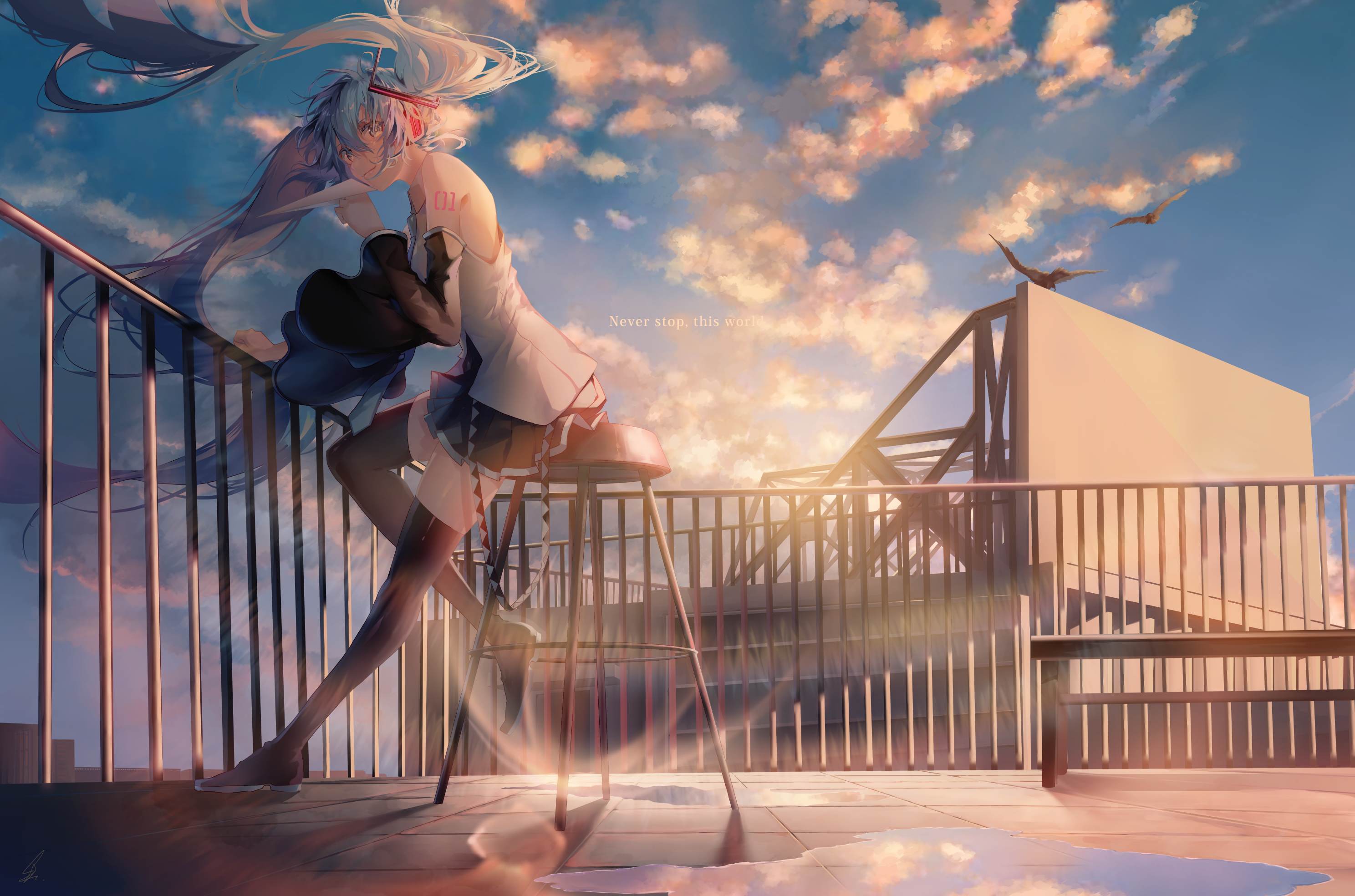 Hatsune Miku from Vocaloid on a rooftop at sunset HD Wallpaper