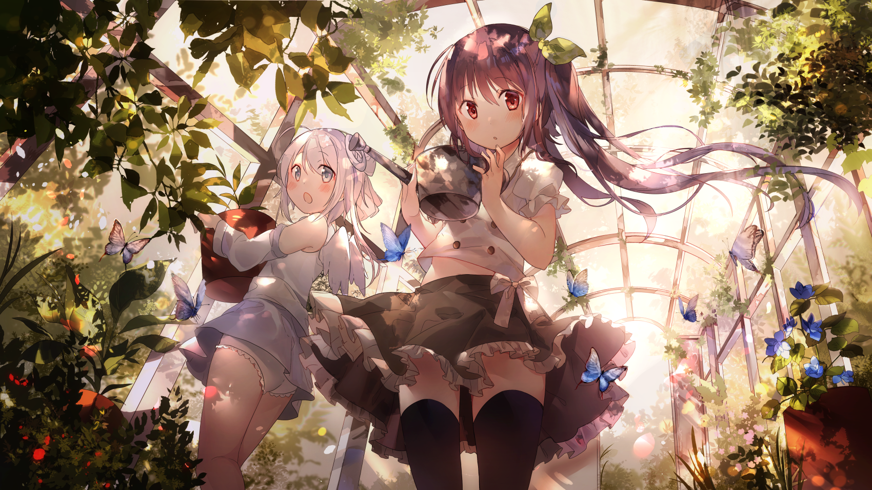 Two anime girls in a greenhouse with butterflies HD Wallpaper