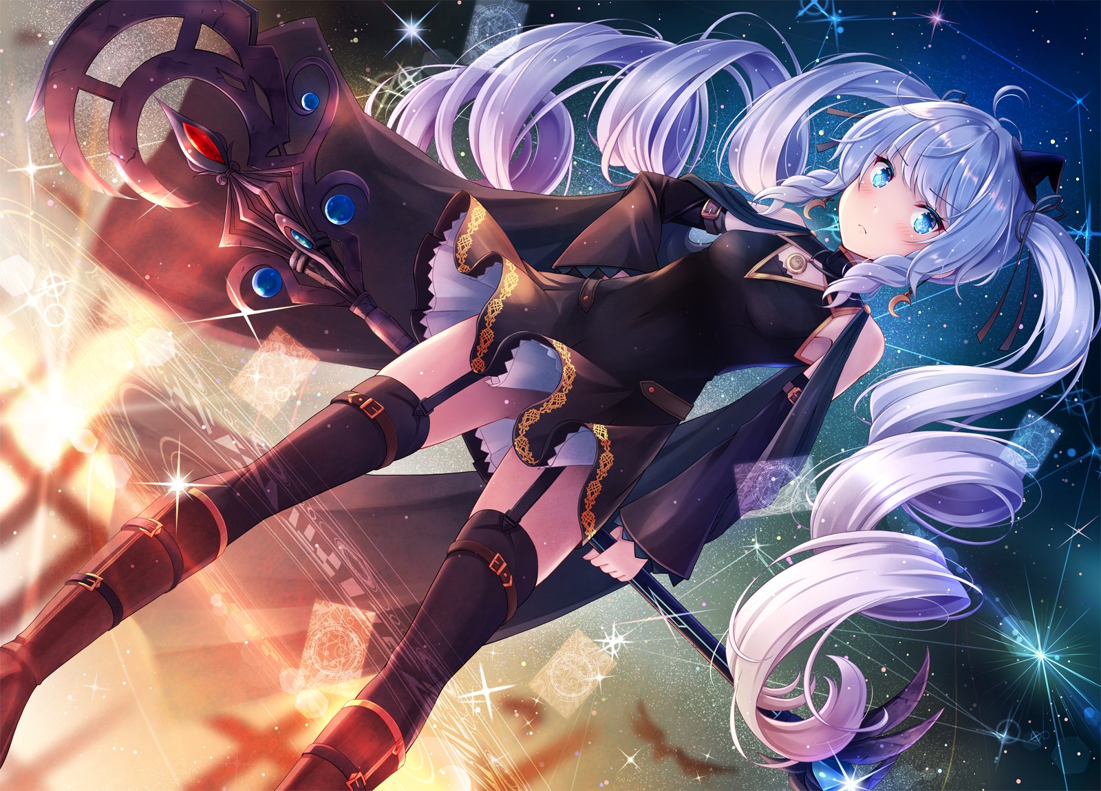 Anime girl with long white pigtails and a staff HD Wallpaper