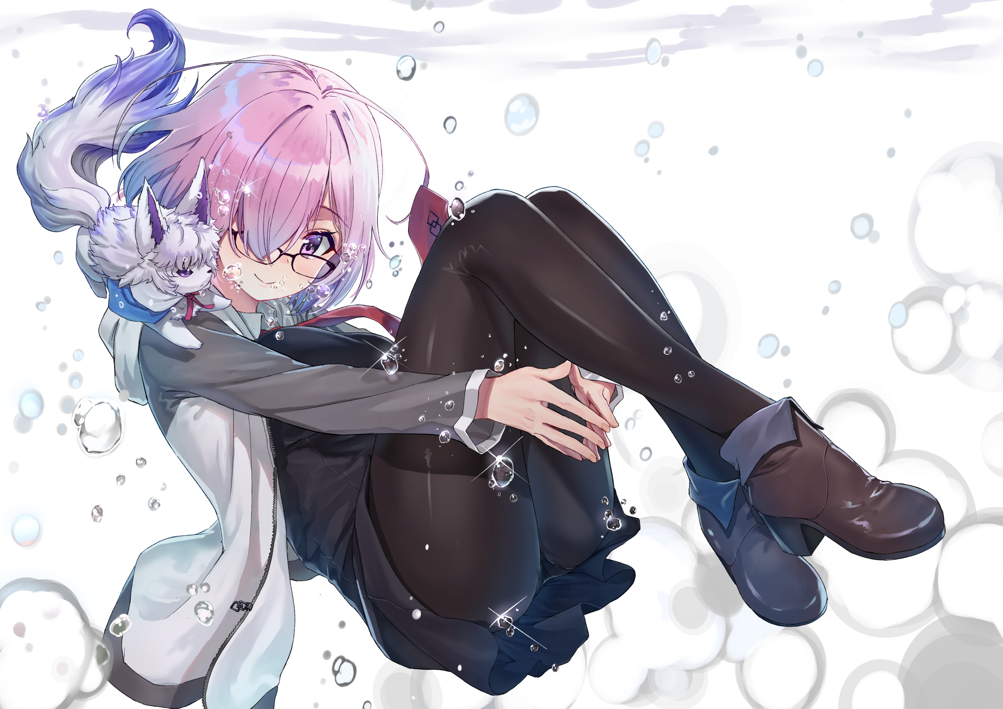 Anime girl with glasses and a fox-like creature HD Wallpaper