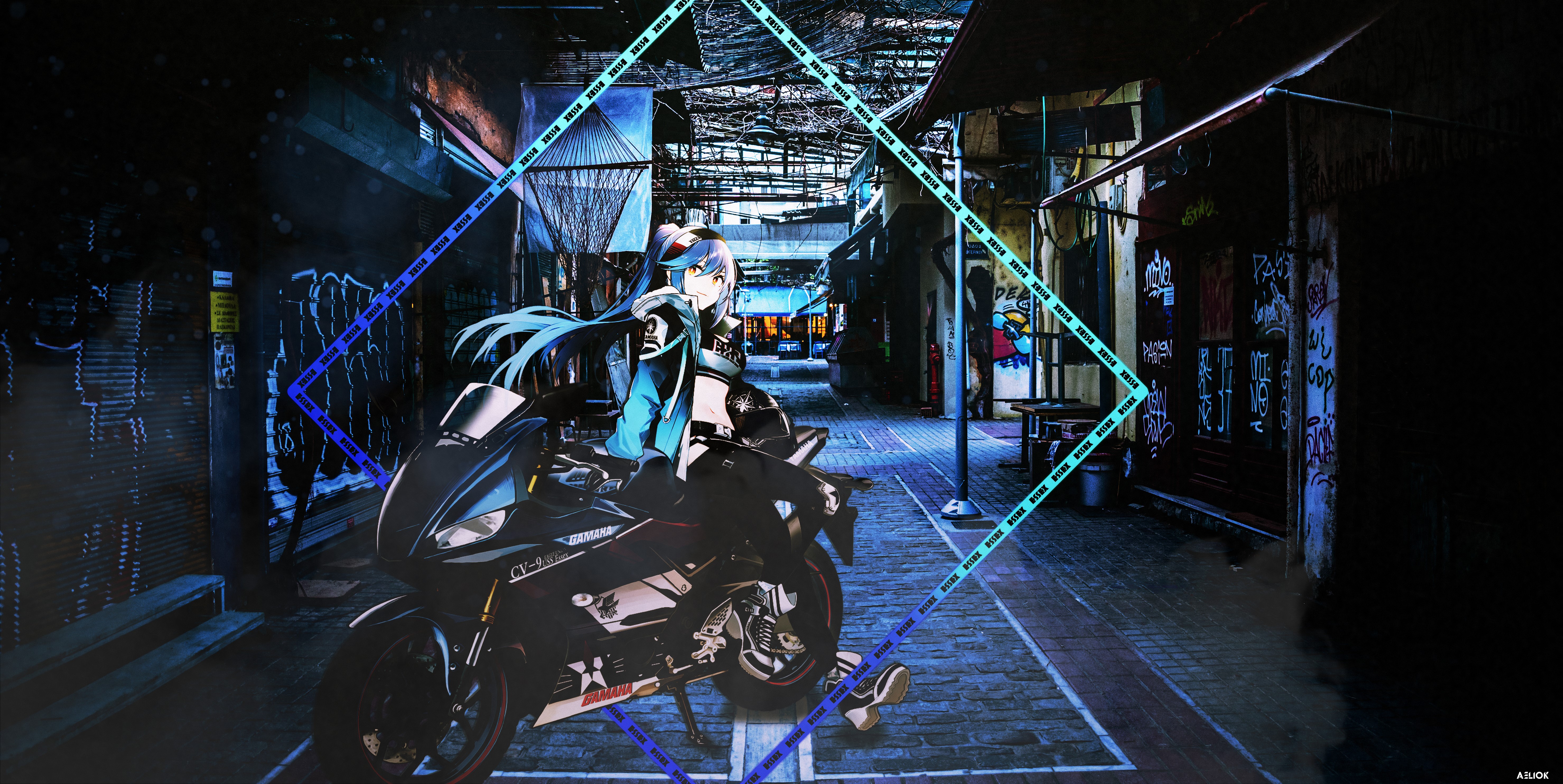 Essex from Azur Lane on a motorcycle in a Japanese alley HD Wallpaper