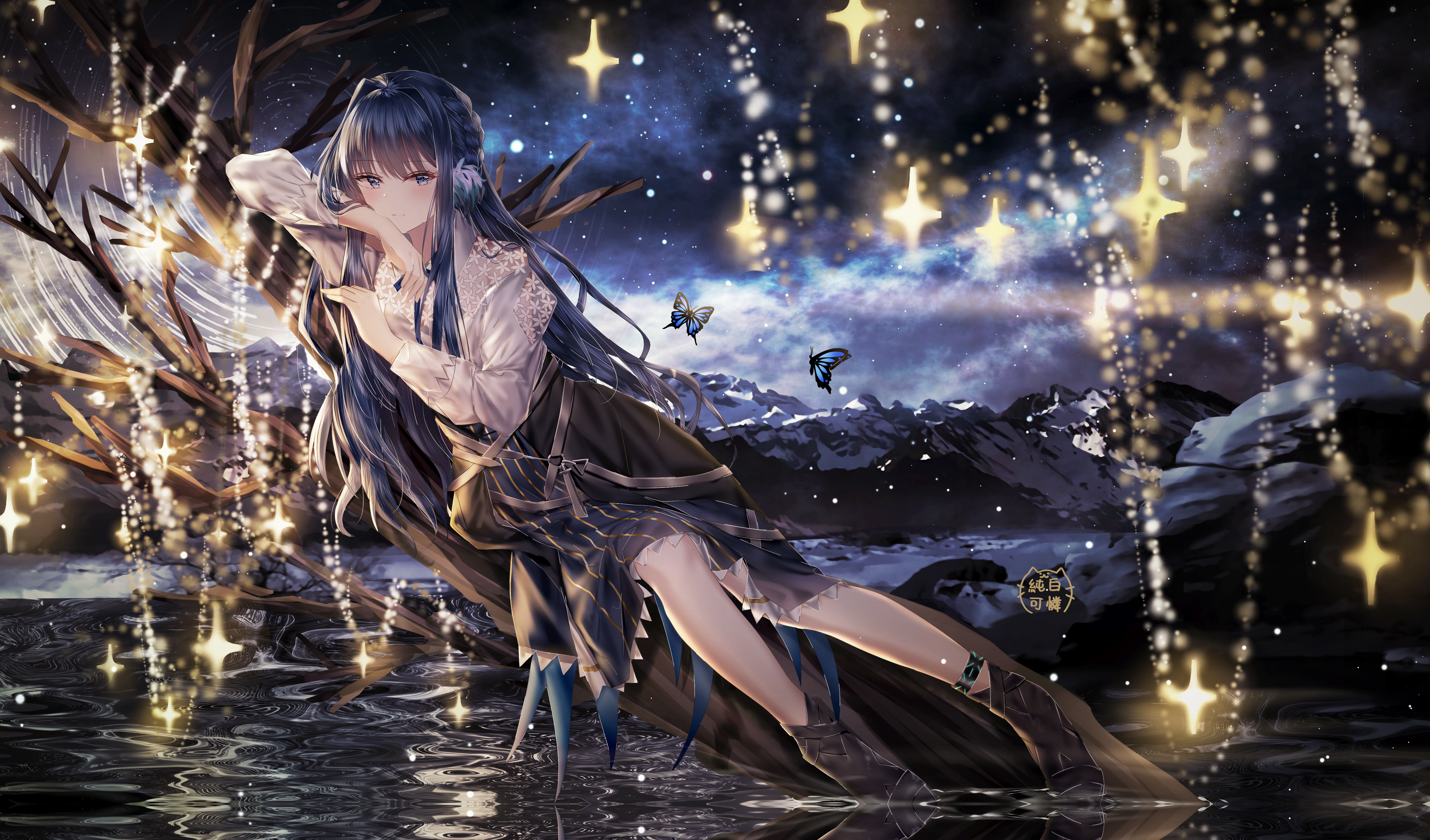 Anime girl with long blue hair in a fantasy forest at night HD Wallpaper