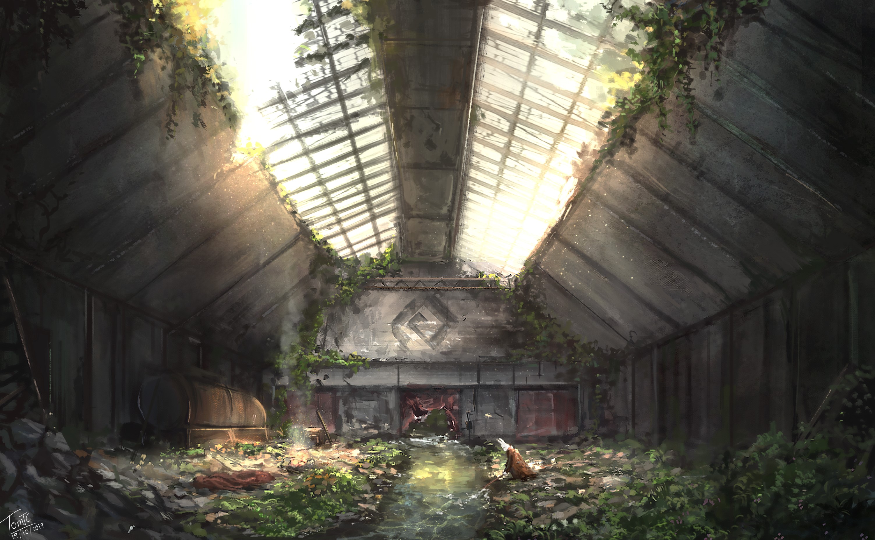 Artwork of a ruined greenhouse with a stream and a rabbit HD Wallpaper