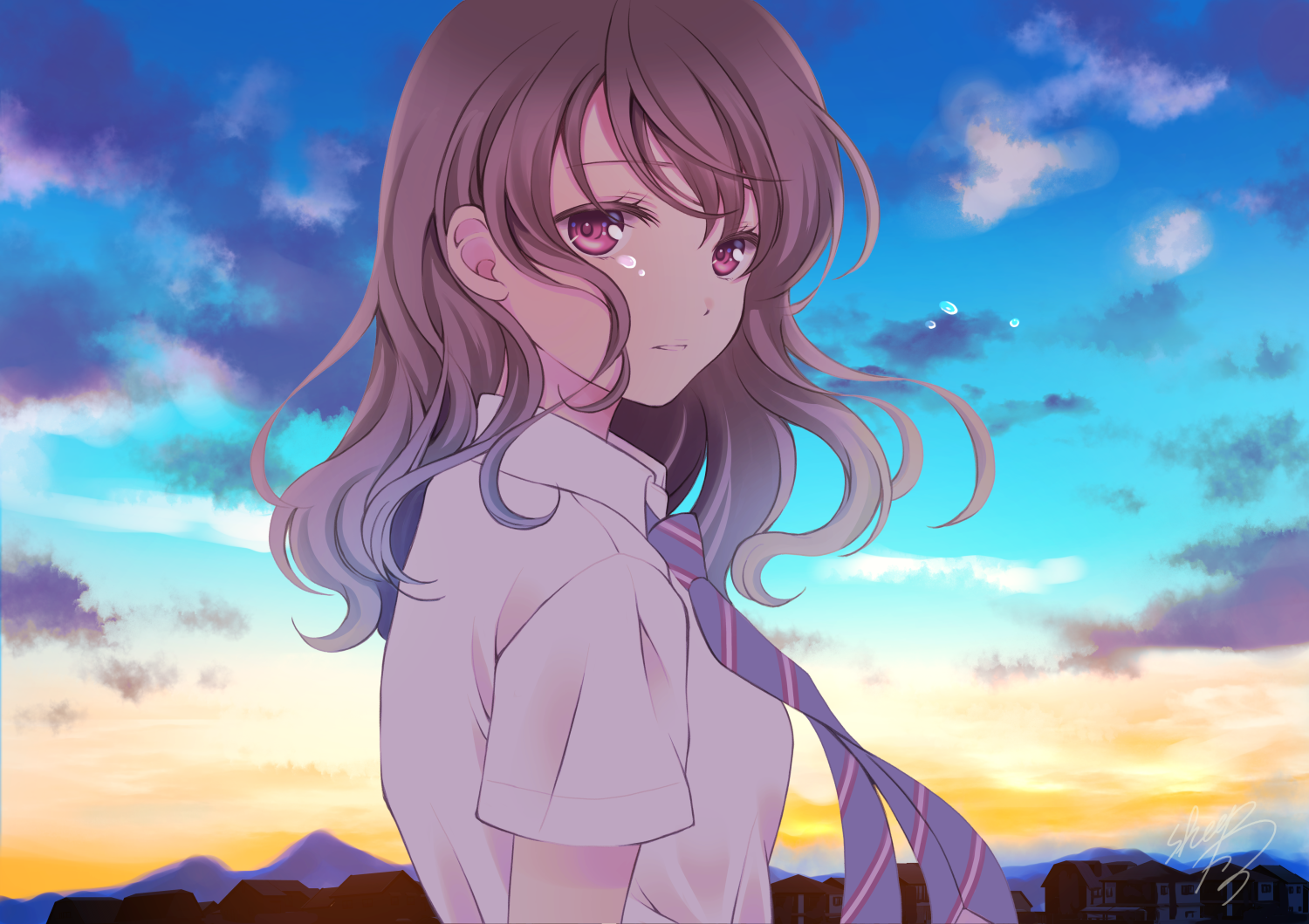 Anime girl in school uniform with tears against sunset sky HD Wallpaper