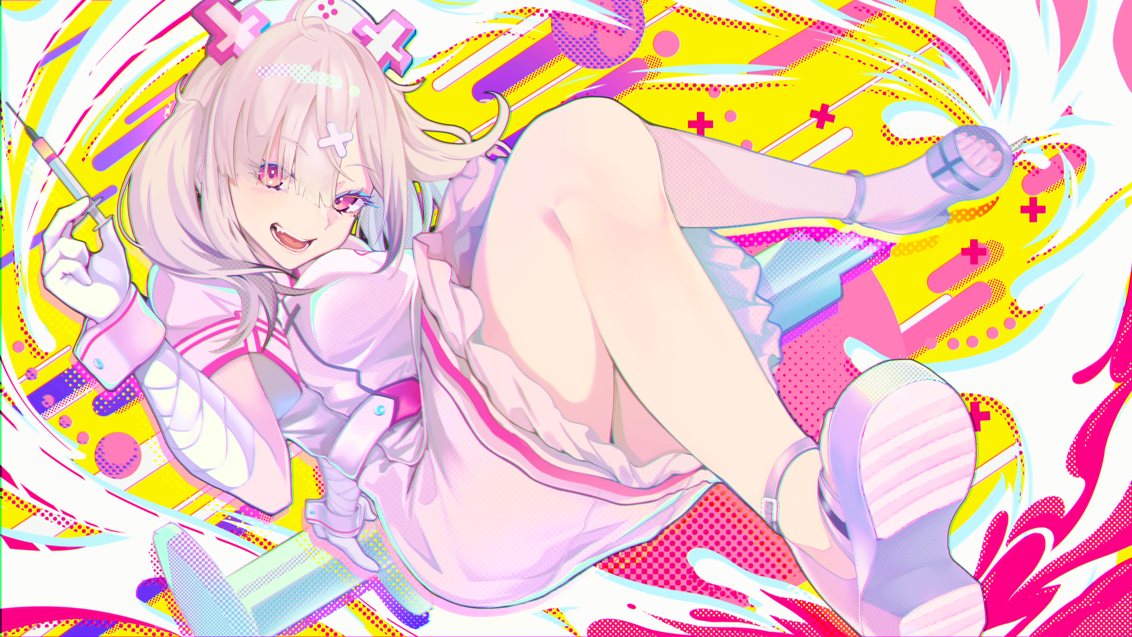 Anime girl with syringe and colorful background HD Wallpaper