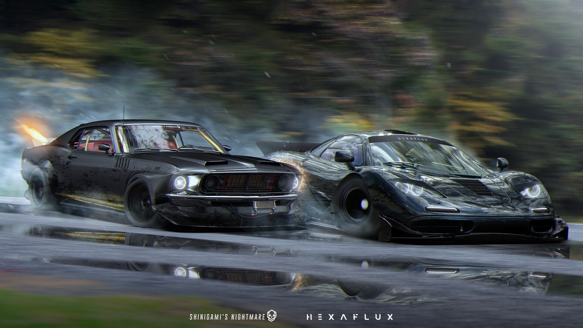 McLaren F1 and Ford Mustang racing on wet road HD Wallpaper