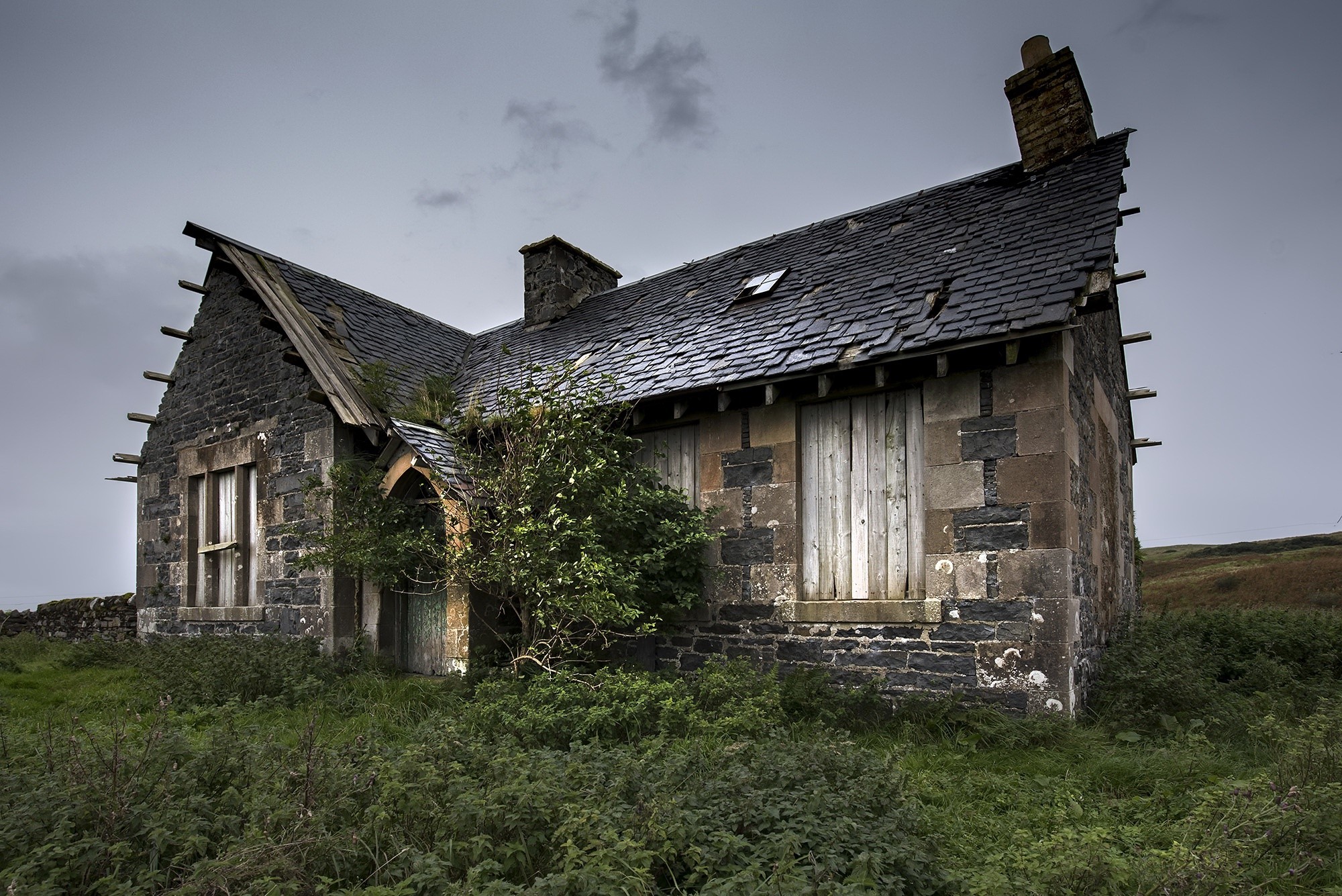 Abandoned stone house with overgrown vegetation HD Wallpaper