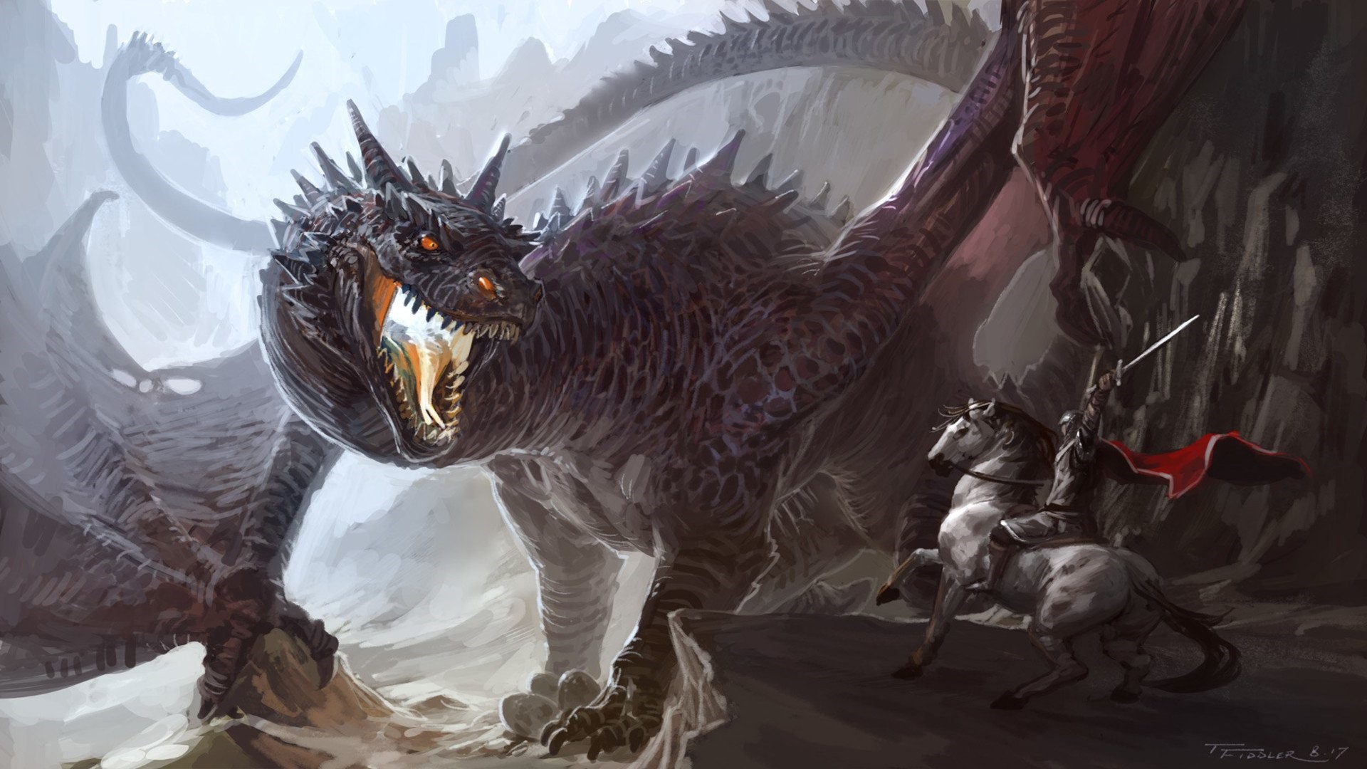 Knight on Horseback Confronts a Fierce Dragon HD Wallpaper