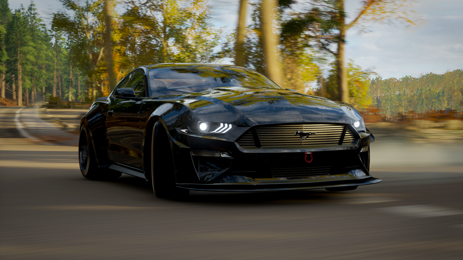 Black Ford Mustang driving on a road in Forza Horizon 4 HD Wallpaper