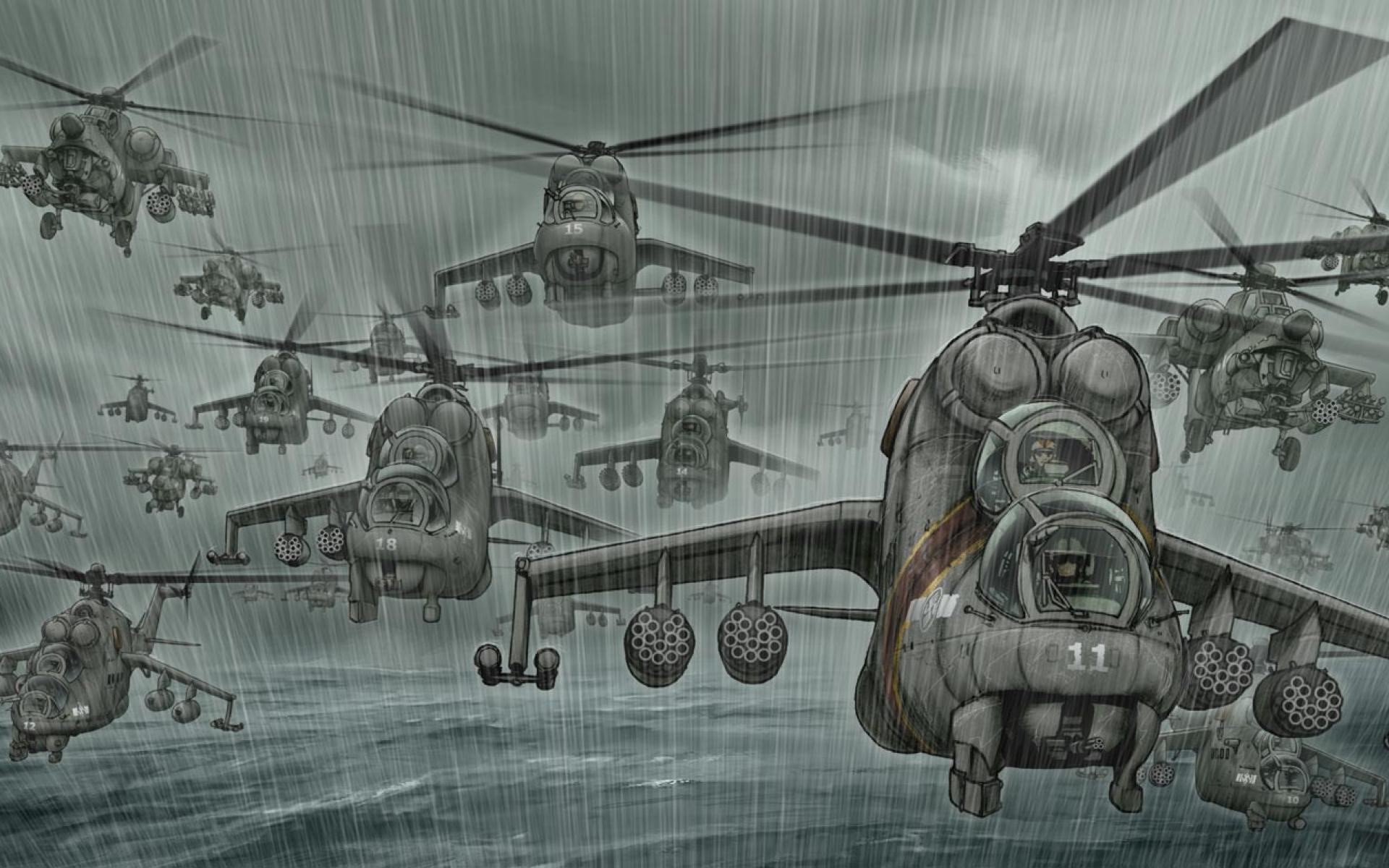 A fleet of Mi-24 helicopters flying in the rain HD Wallpaper