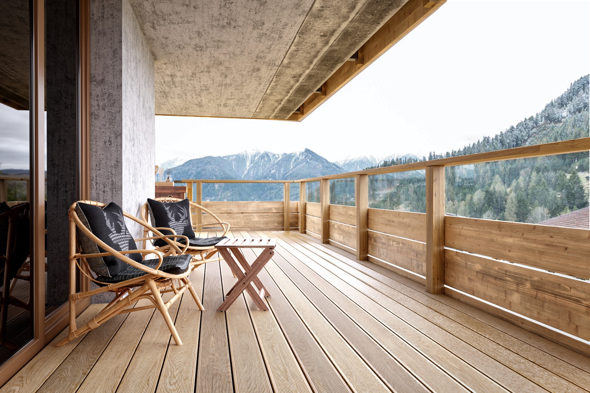 Balcony with chairs and mountain view HD Wallpaper