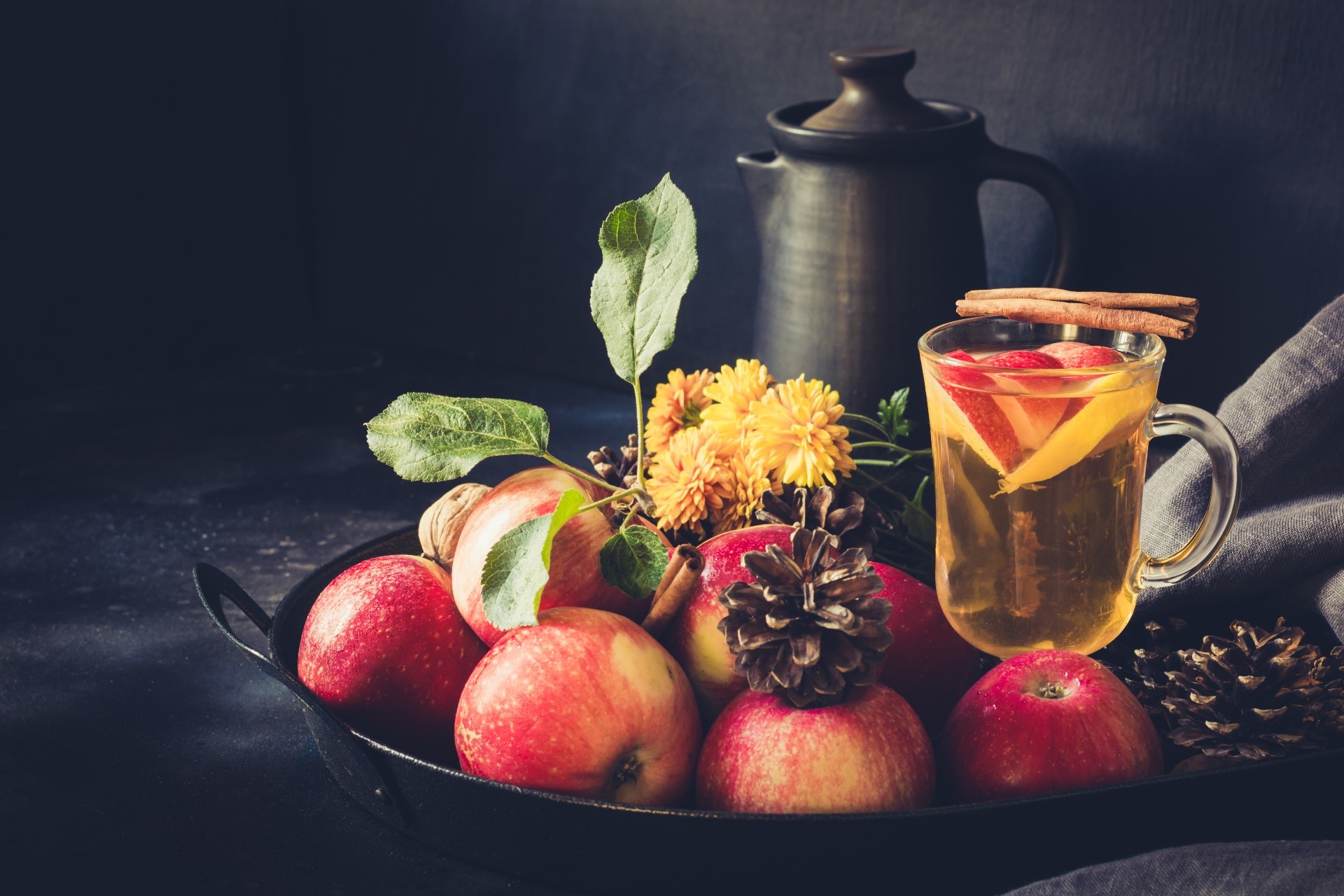 Apples, tea, and autumn decorations HD Wallpaper
