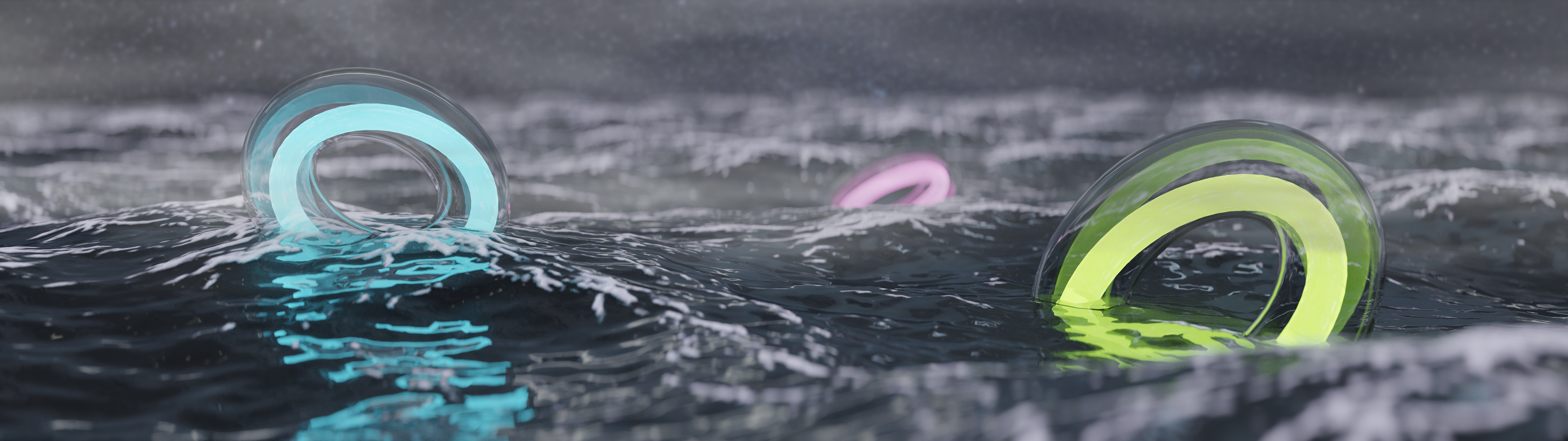 Glowing donuts in the sea waves HD Wallpaper