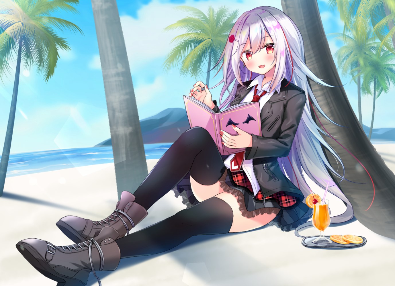 Anime girl reading a book on the beach HD Wallpaper