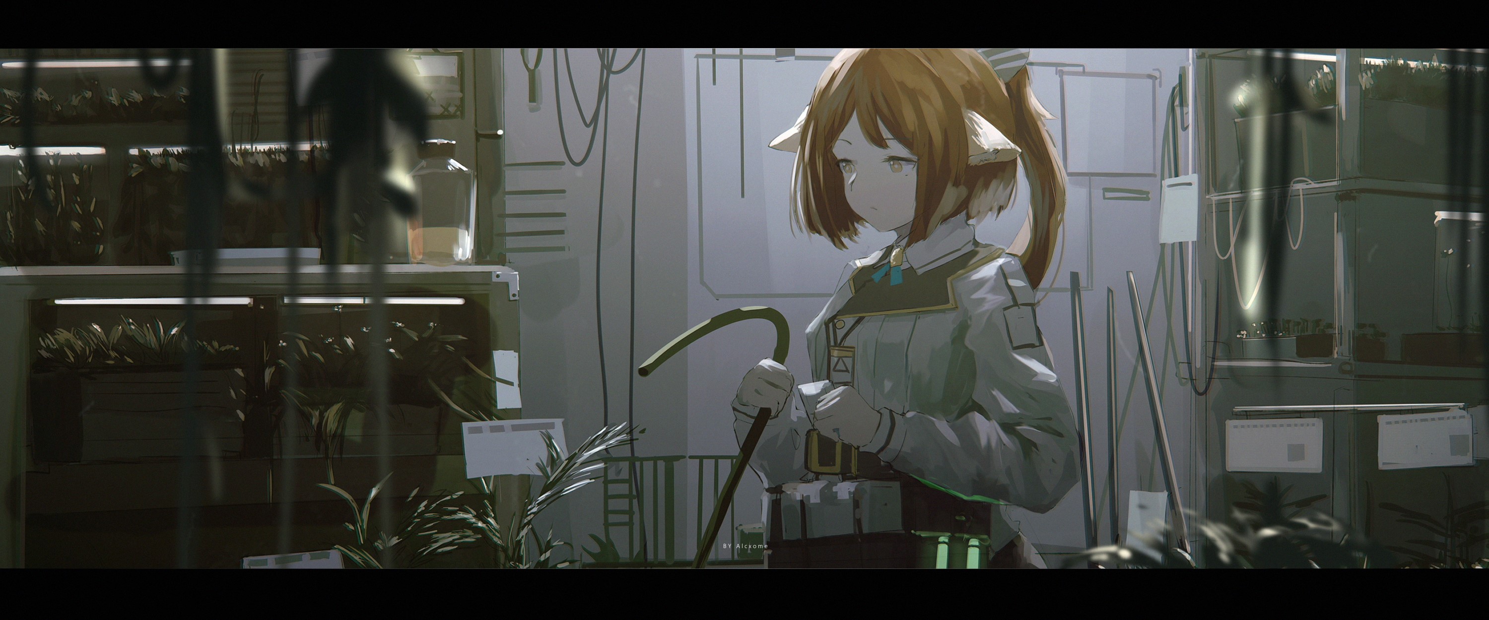 Anime girl with cat ears in a laboratory HD Wallpaper