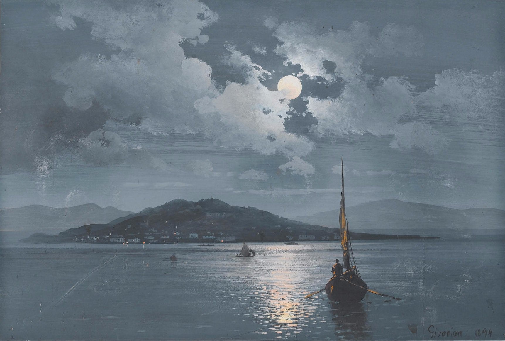 Moonlit Sea with Sailboat and Island HD Wallpaper