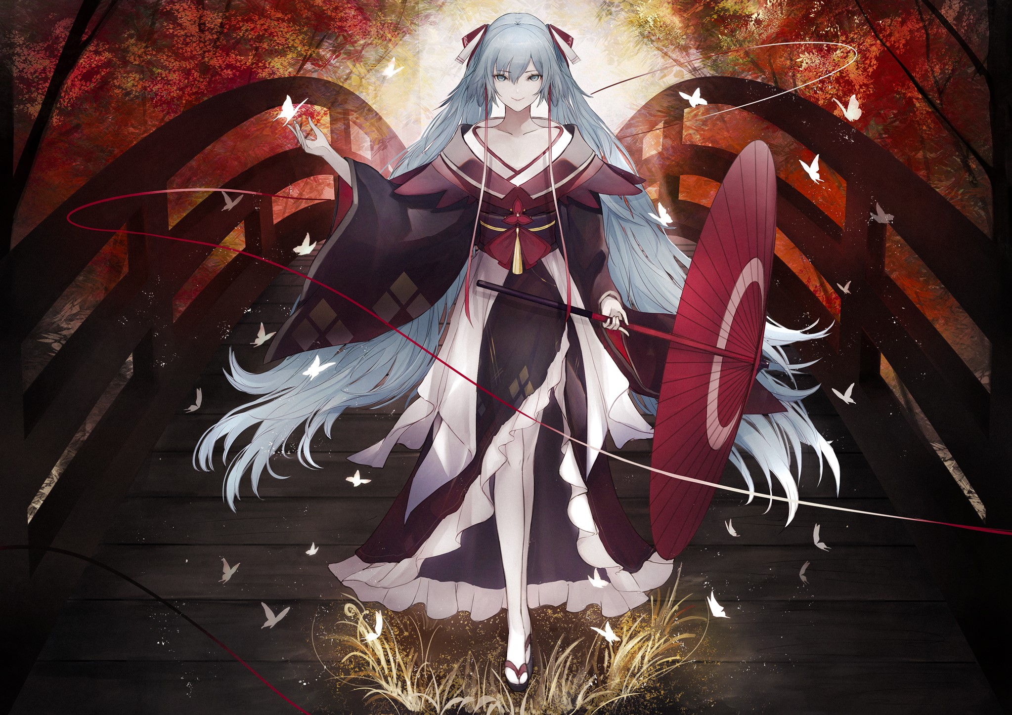 Hatsune Miku from Vocaloid with a red umbrella HD Wallpaper