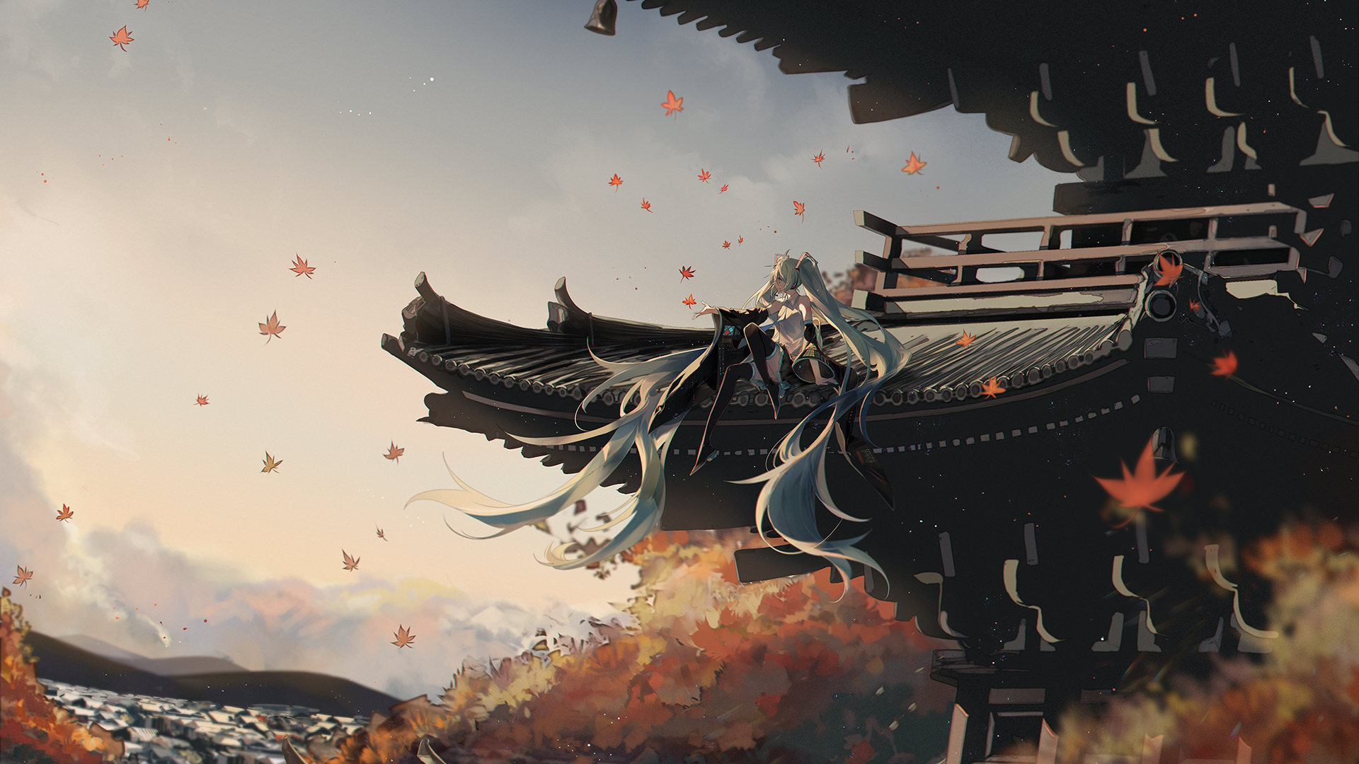 Hatsune Miku on a Japanese Shrine Roof in Autumn HD Wallpaper