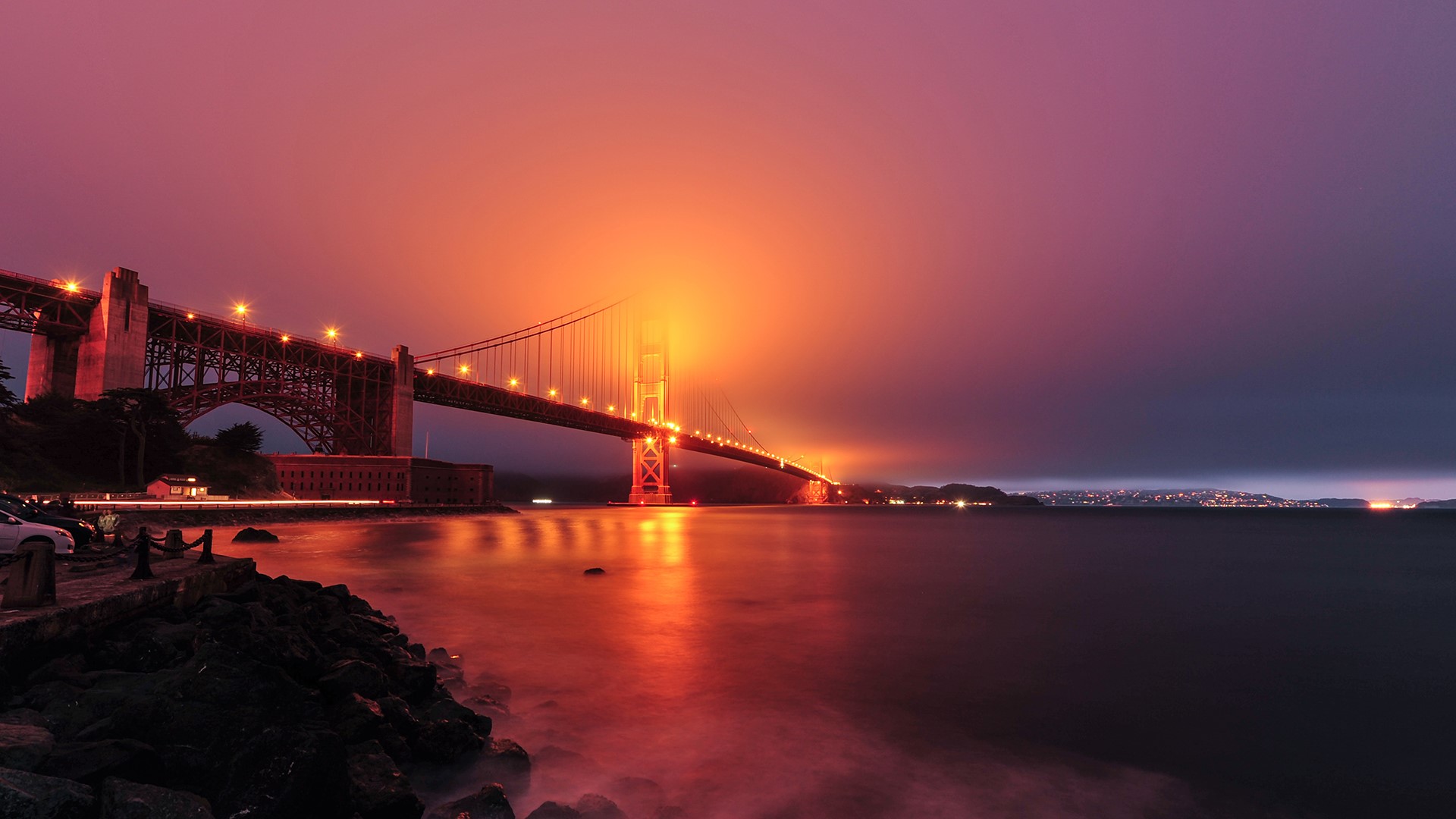 Golden Gate Bridge at Dusk with Fog and Lights HD Wallpaper