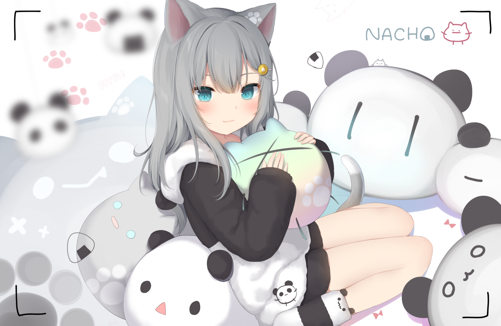 Anime girl with cat ears and panda plushies HD Wallpaper