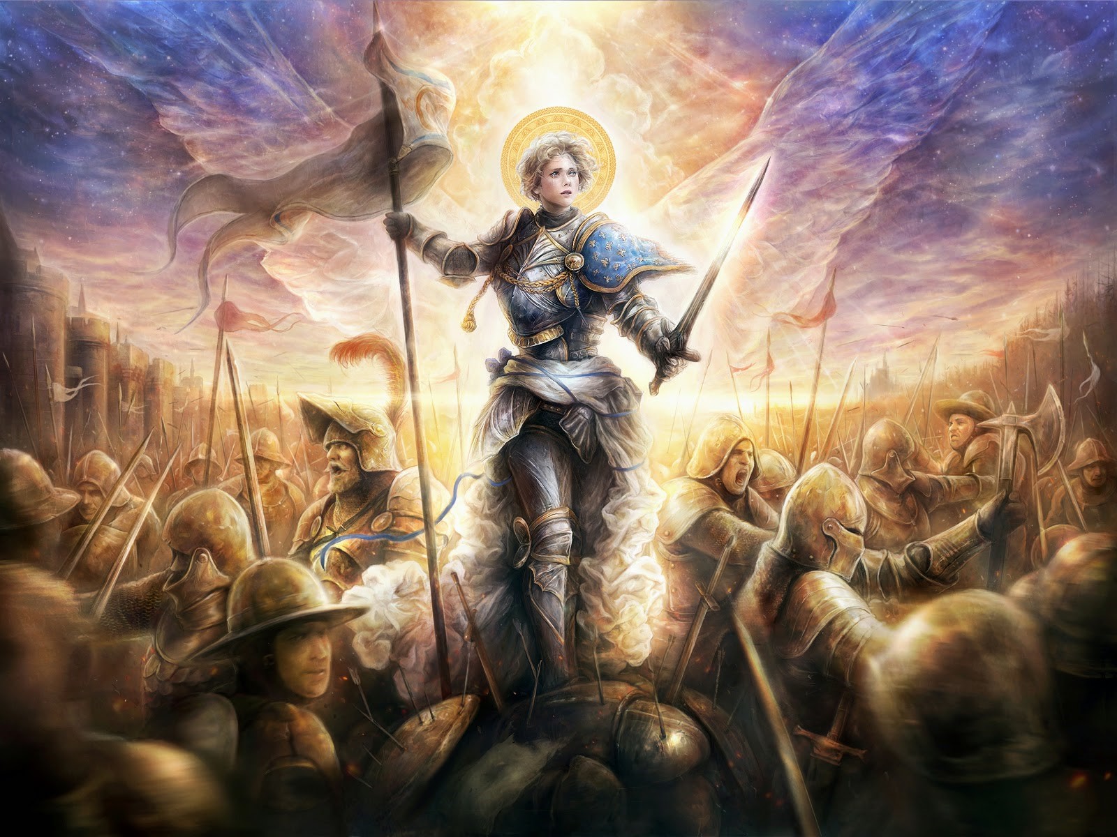 Joan of Arc leading an army in a fantasy battle HD Wallpaper