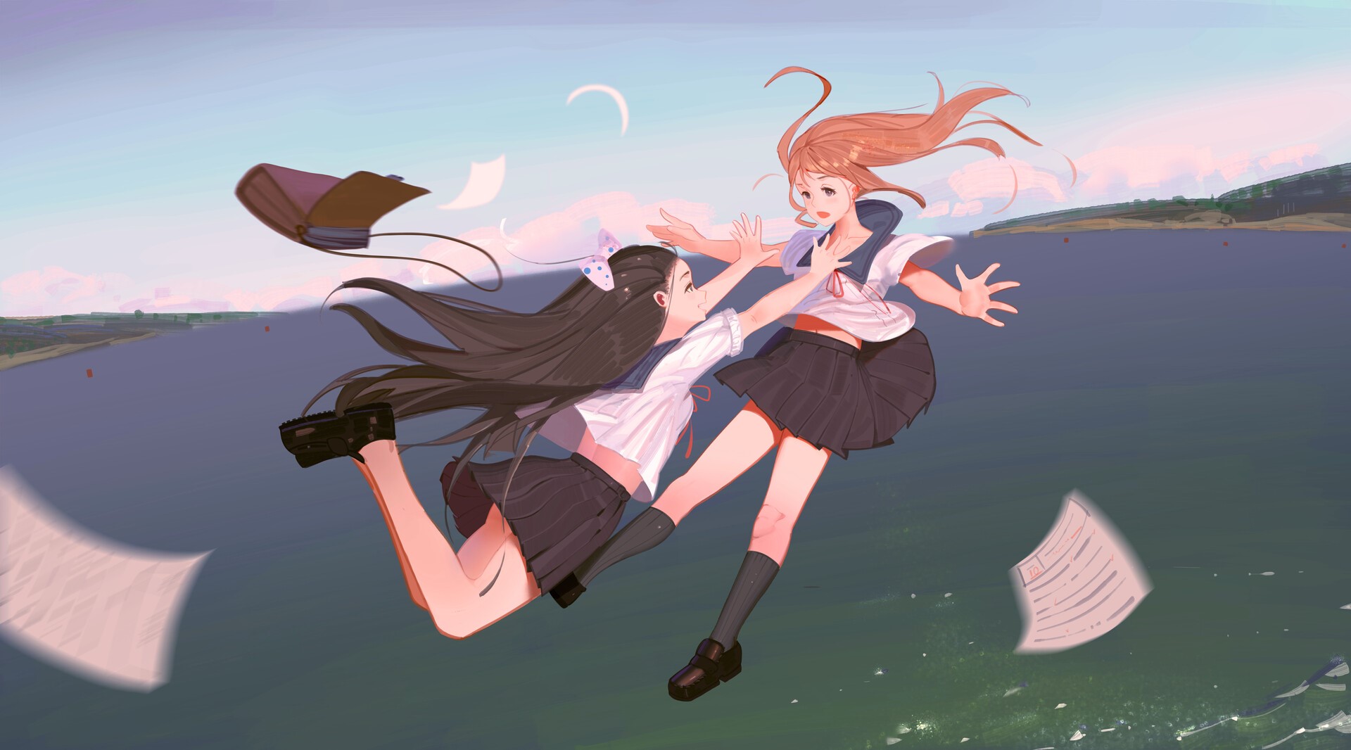 Two anime girls in sailor uniforms falling near a body of water HD Wallpaper