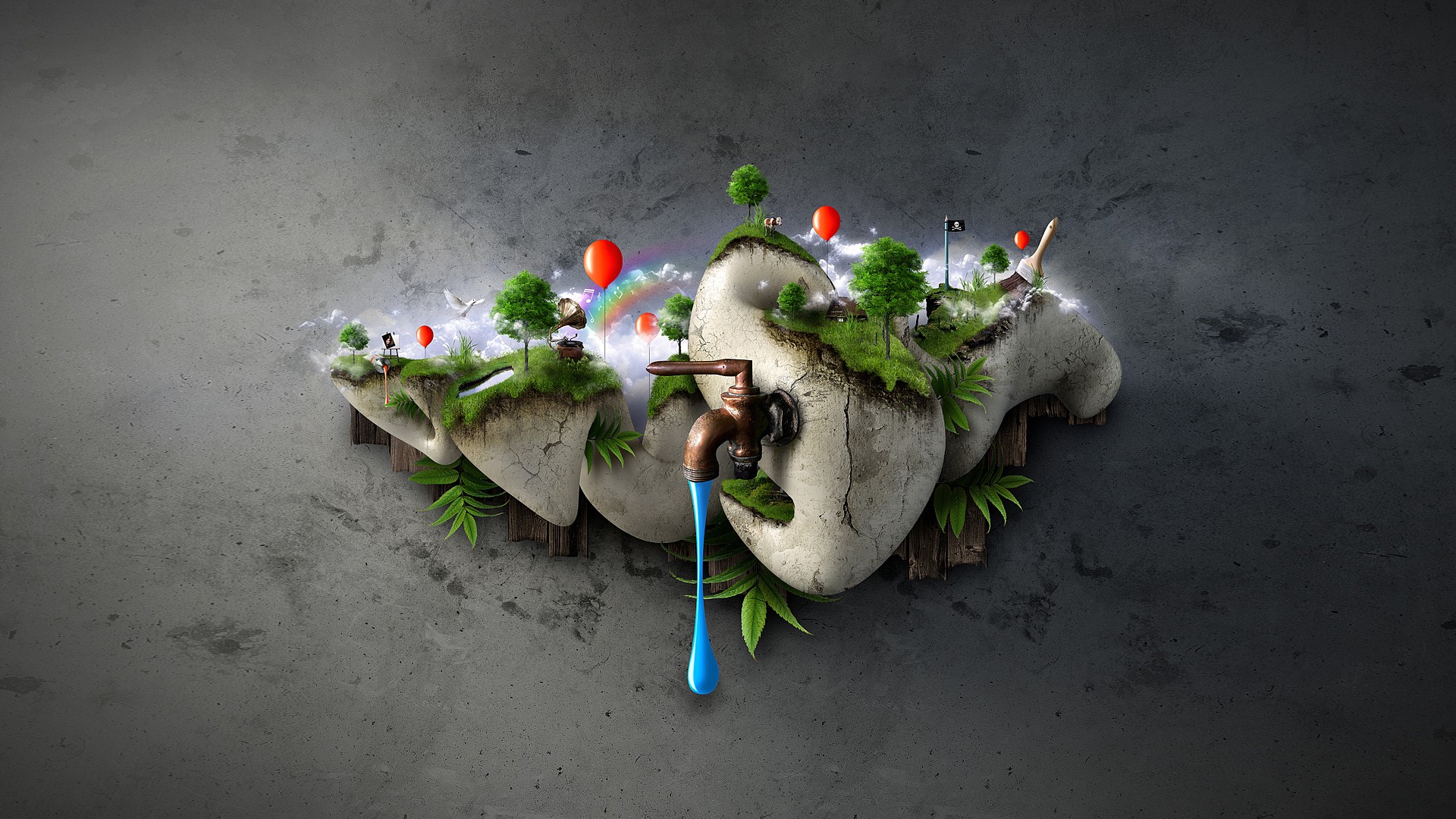 Surreal floating islands with a faucet and water drops HD Wallpaper