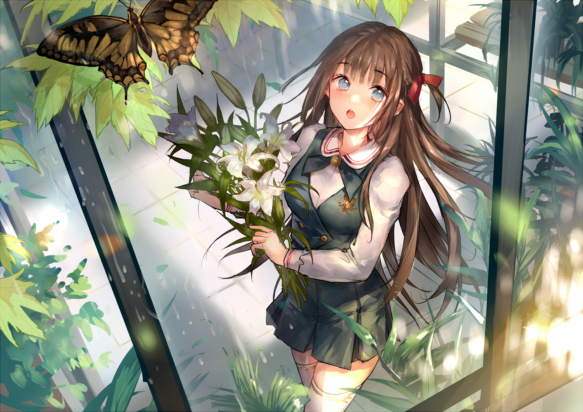 Anime girl with flowers and butterfly HD Wallpaper