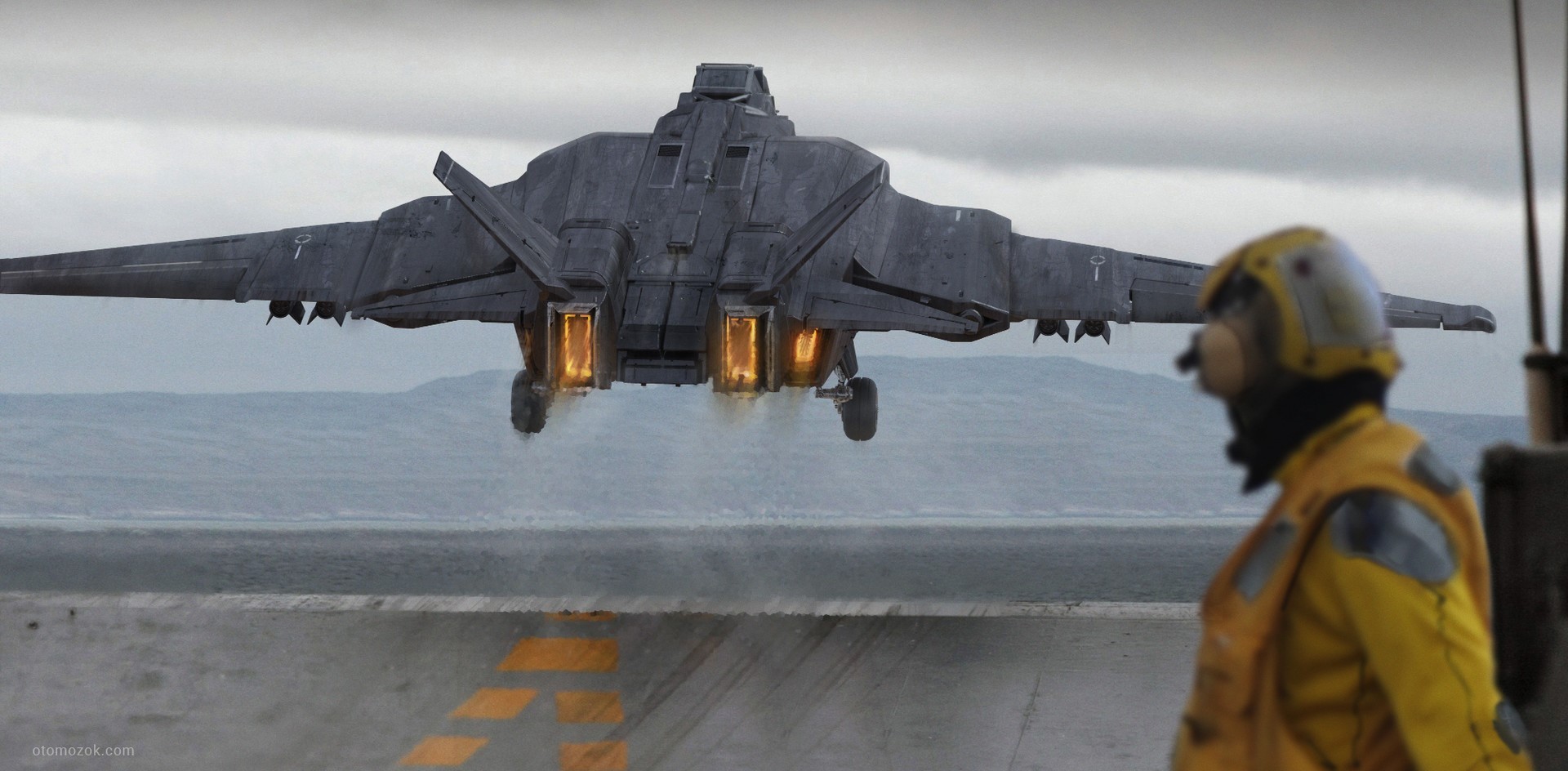 Futuristic jet fighter taking off from aircraft carrier HD Wallpaper