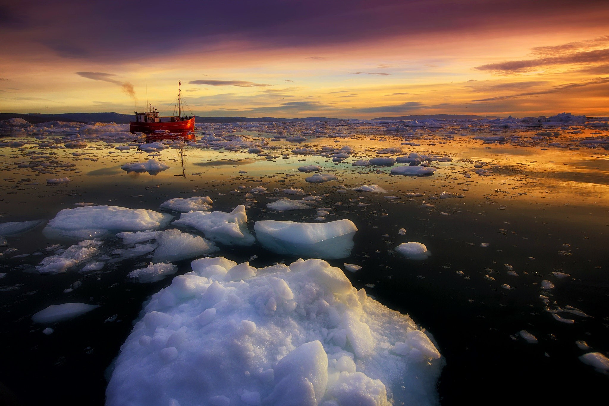 Red boat in ice floes at sunset HD Wallpaper