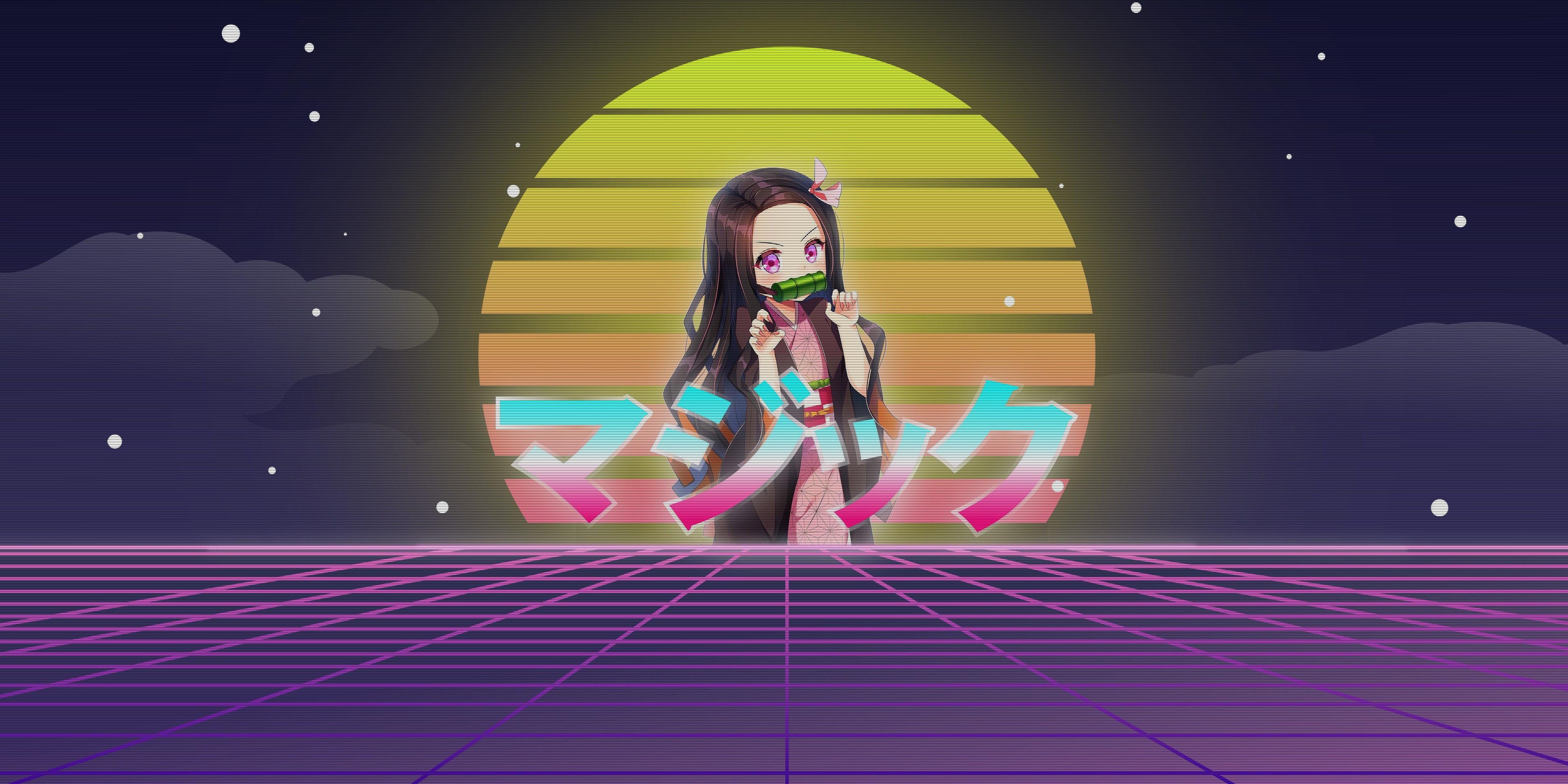 Kamado Nezuko from Kimetsu no Yaiba in Vaporwave Style HD Wallpaper