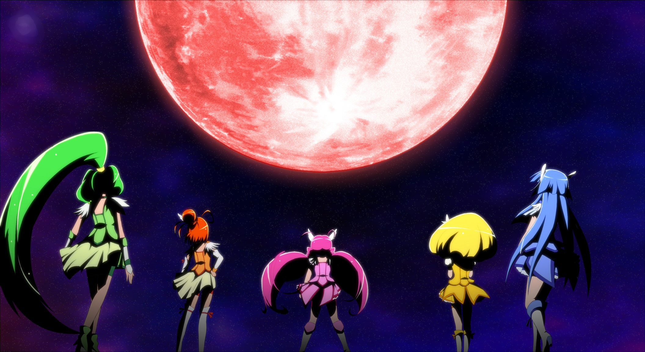 Five anime girls stand before a large red moon HD Wallpaper
