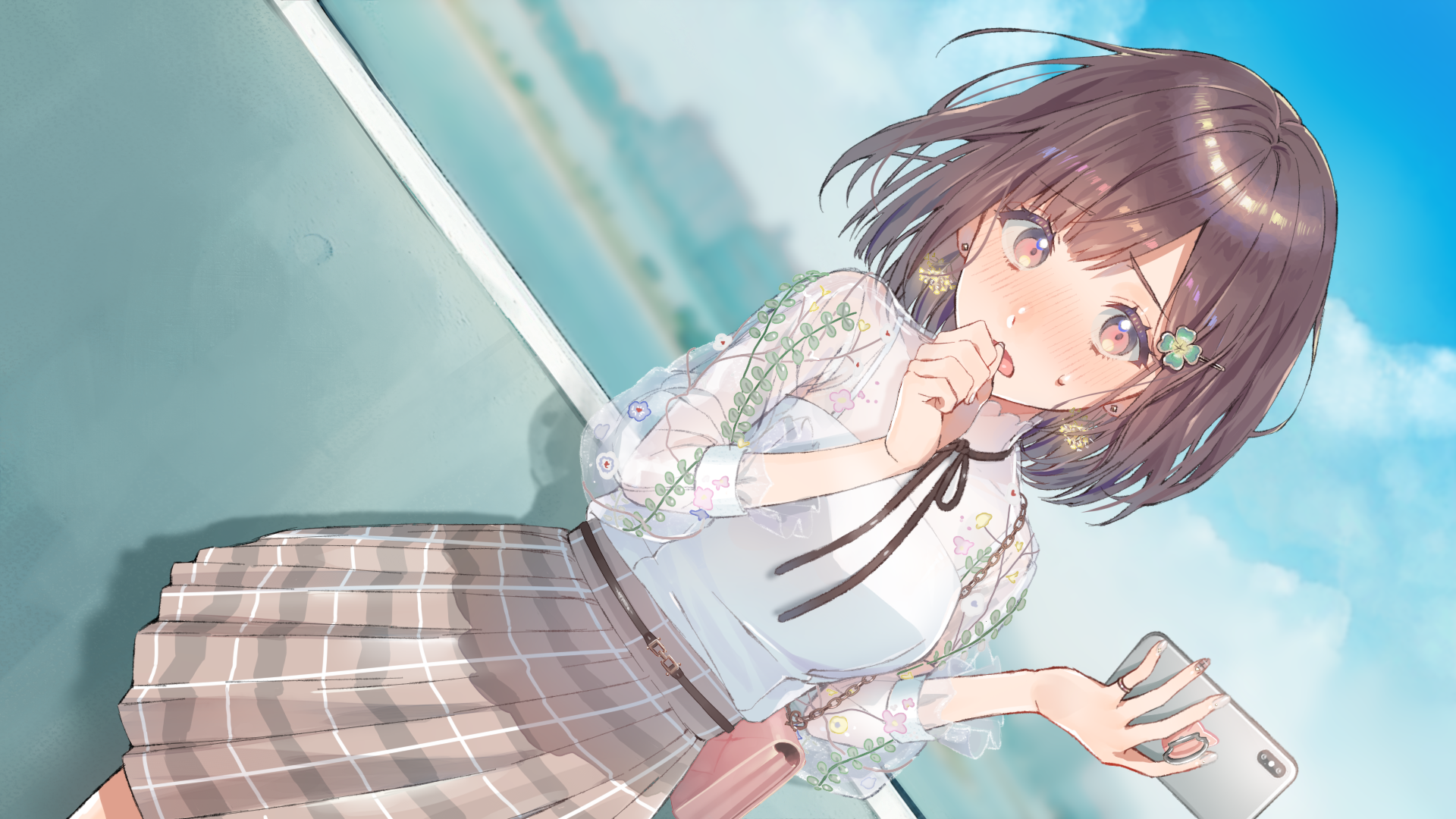 Anime girl with short brown hair holding a smartphone HD Wallpaper