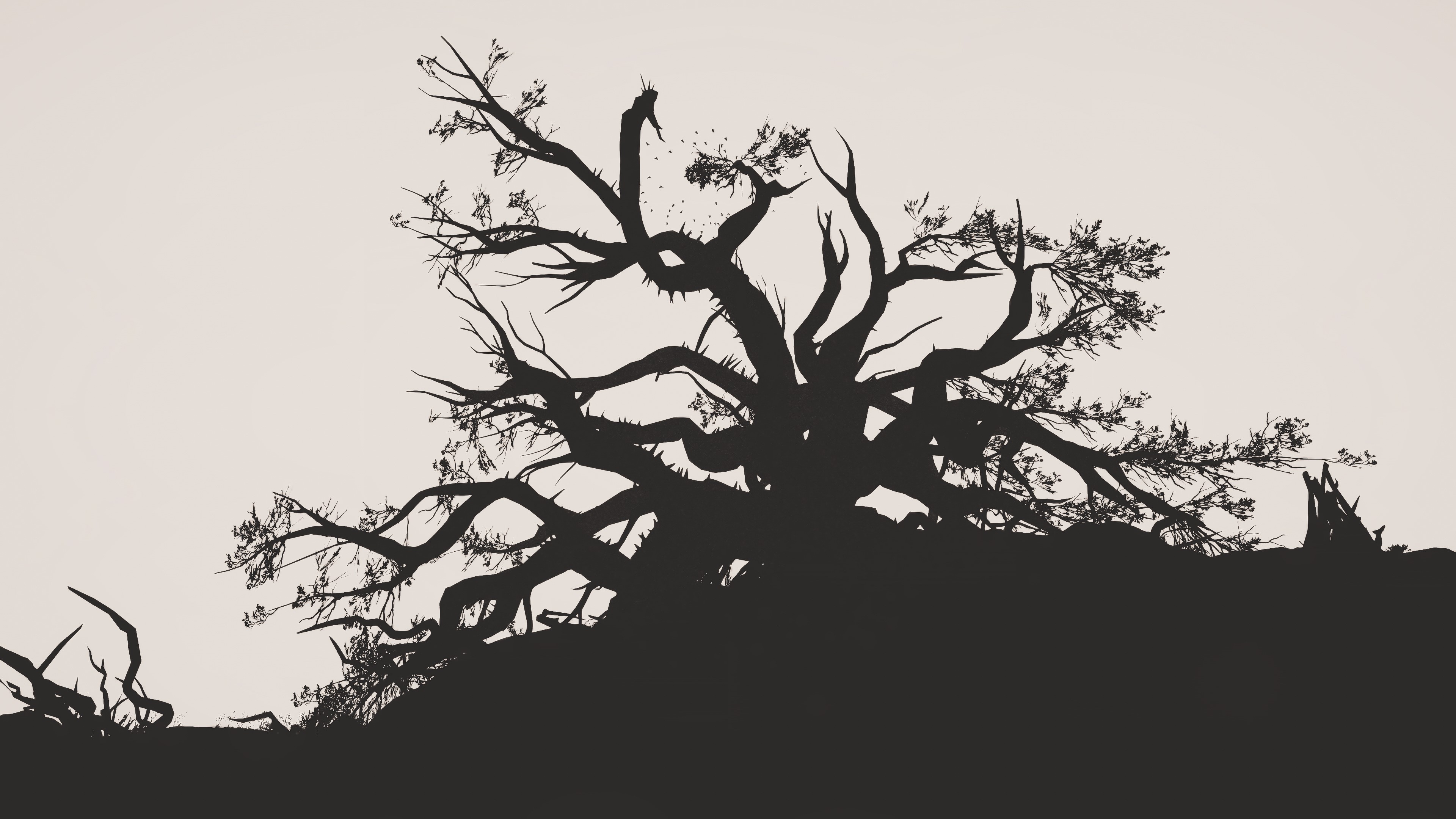 The Witcher 3: Wild Hunt monochrome tree silhouette HD Wallpaper