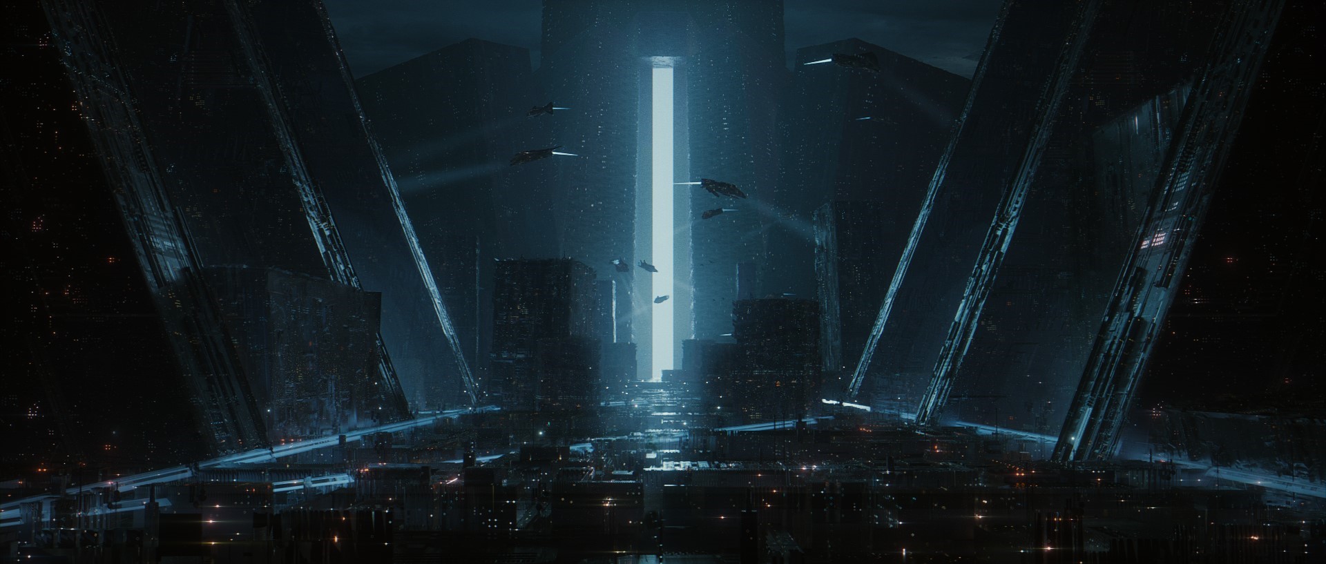 Futuristic city with flying vehicles and a bright light beam HD Wallpaper