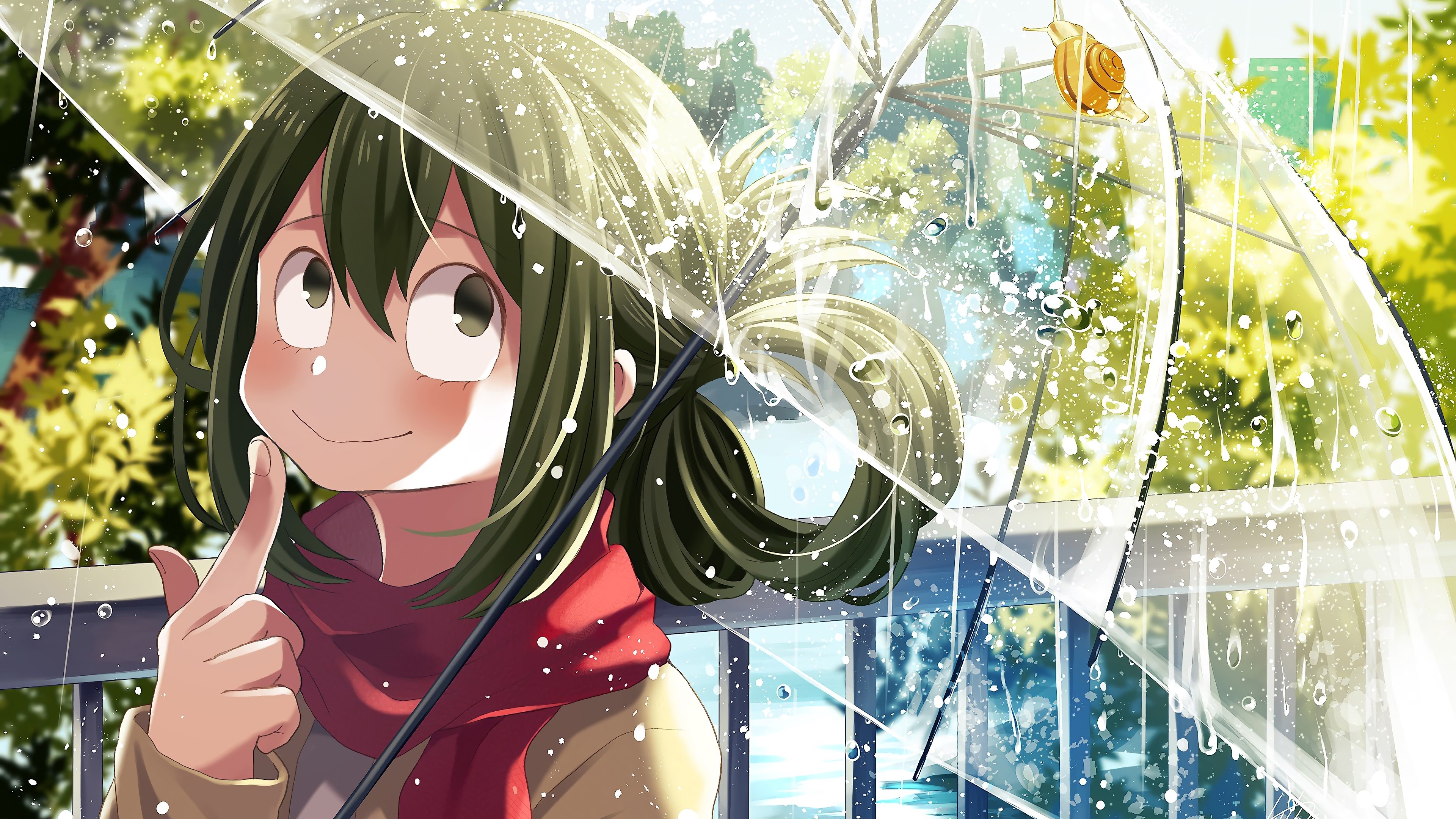 Tsuyu Asui from Boku no Hero Academia with umbrella in rain HD Wallpaper