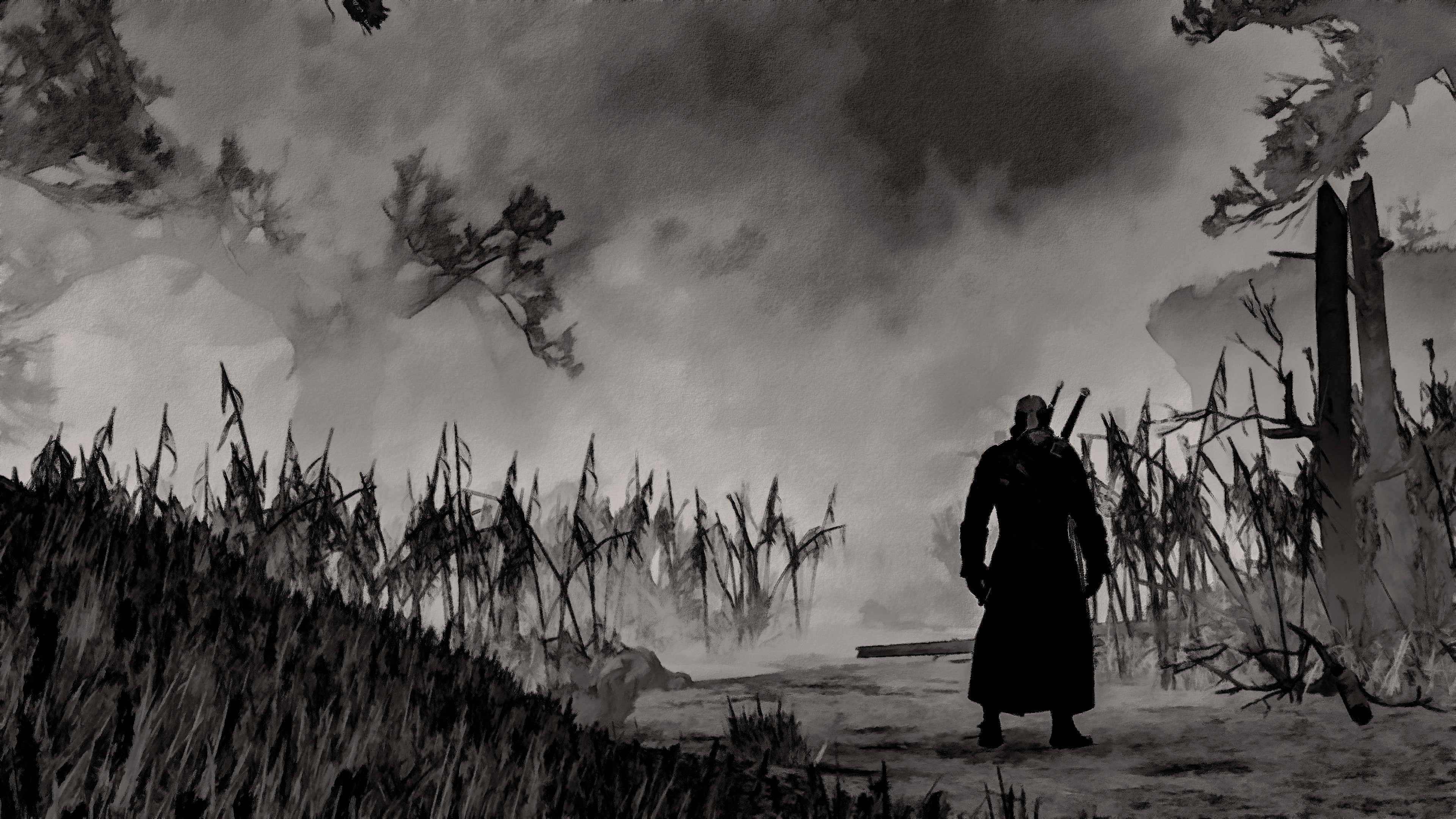 Geralt from The Witcher 3: Wild Hunt in monochrome HD Wallpaper